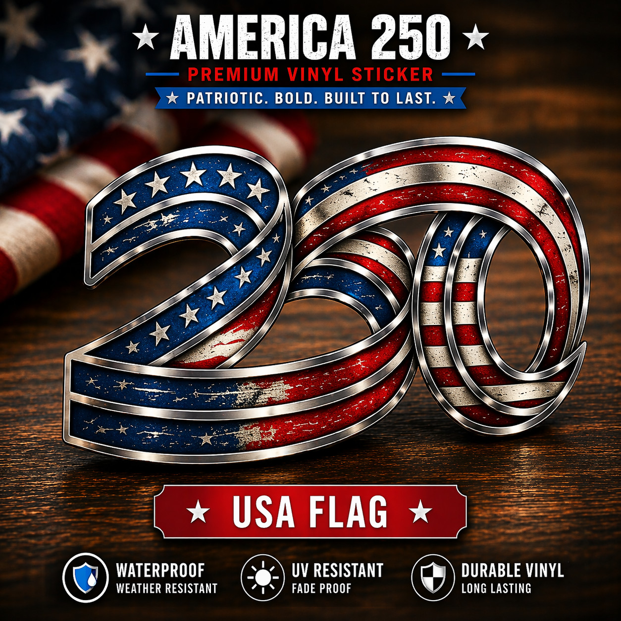 America 250 Patriotic Vinyl Sticker | USA Flag Blackout Chrome Waterproof Decal