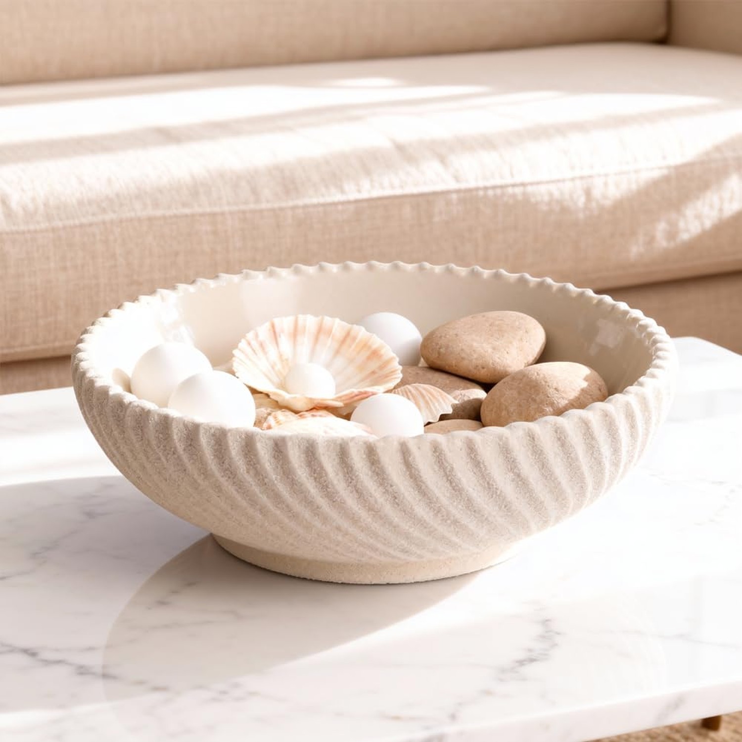 Large Resin Decorative Pedestal Bowl for Home Decor – Sandstone Ribbed Fruit …