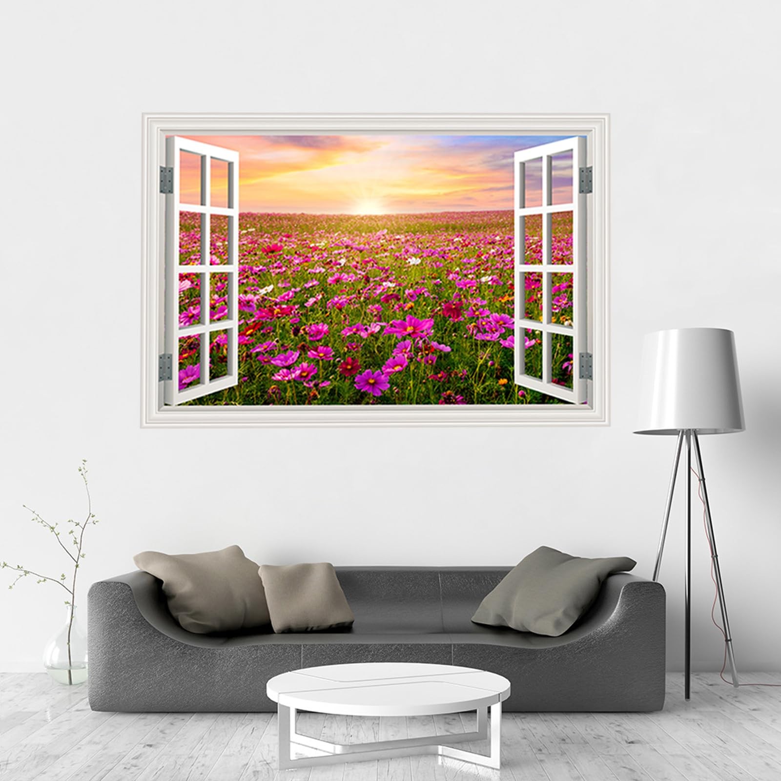 Fake Window Wall Sticker Sunset Pink Flower Garden Poster Picture Open Office…