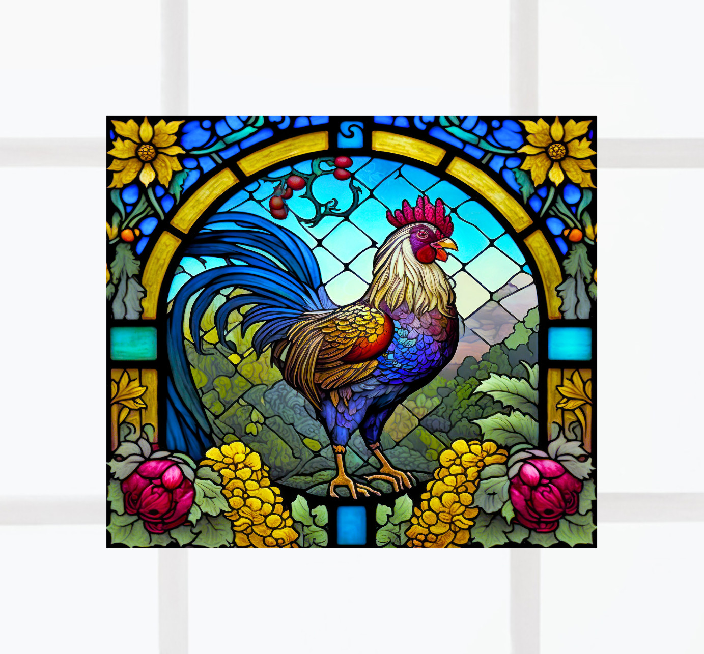 Rooster Faux Stained-Glass WINDOW CLING Size 9" Repositionable Vinyl