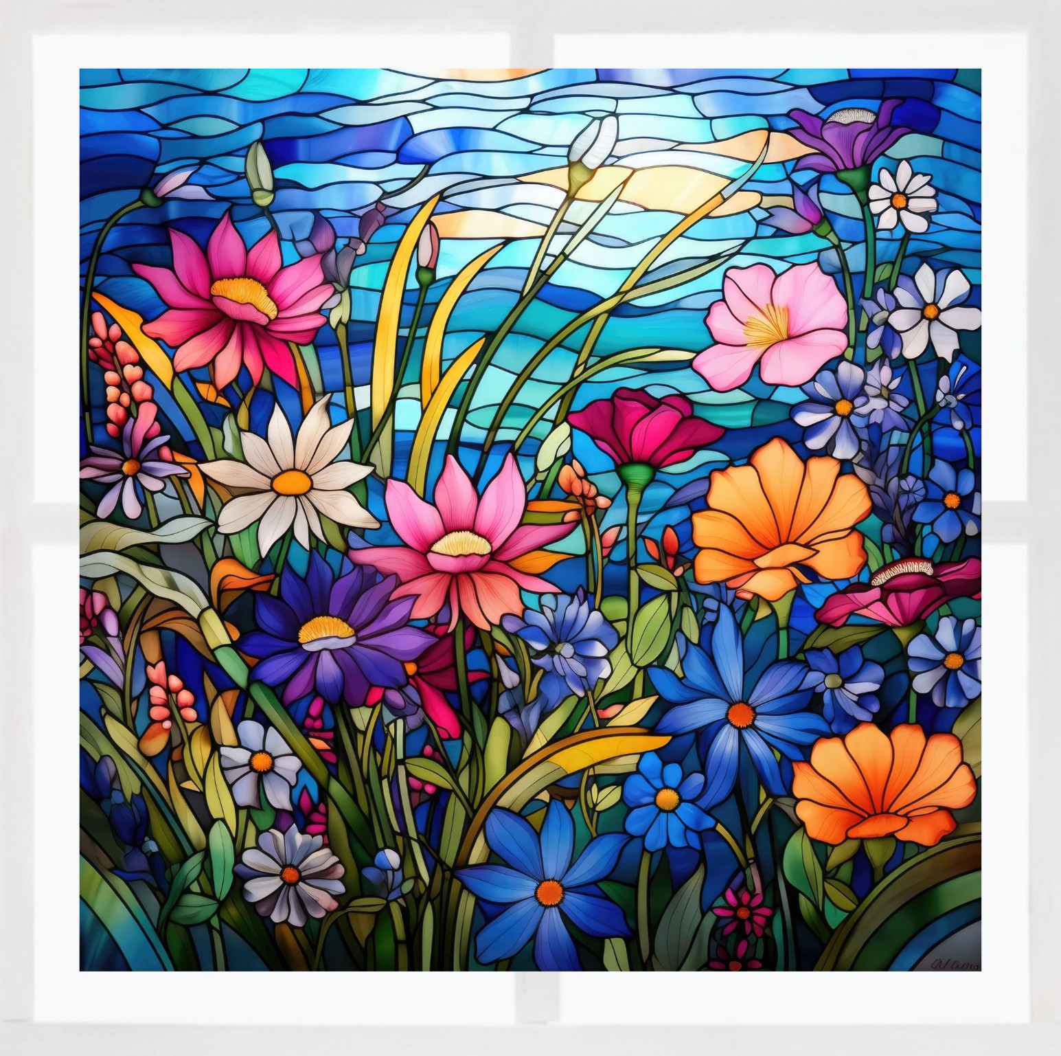 Wildflowers Faux Stained-Glass WINDOW CLING Sun-catcher Size 8" Square Vinyl
