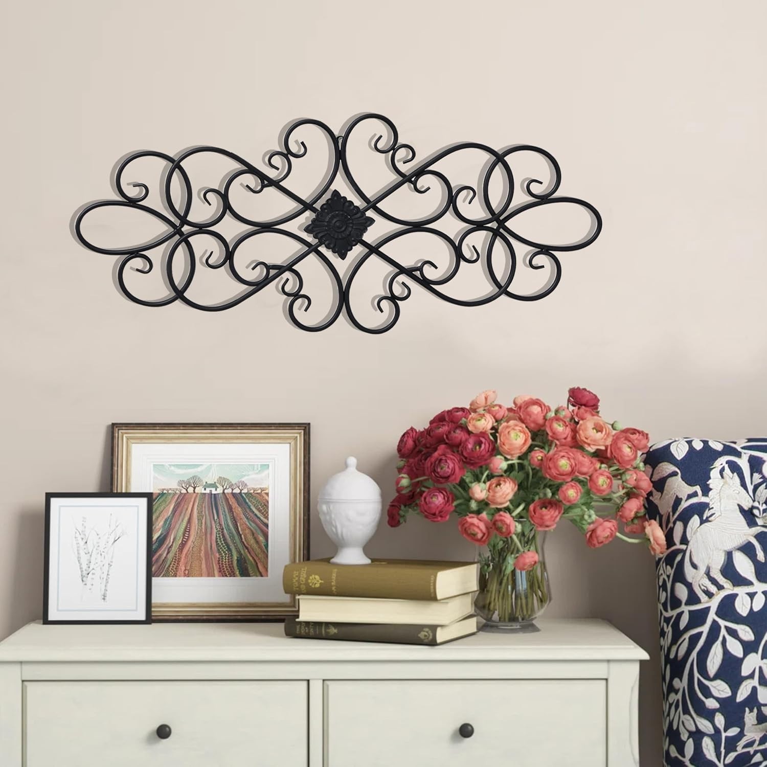 Farmhouse Black Wrought Iron Wall Art 32" – Distressed Scroll Metal Decor Plaque