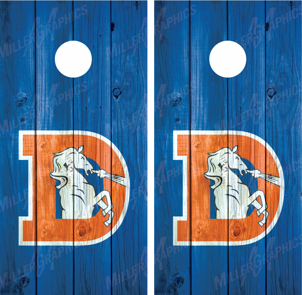 Denver Broncos Throwback (Blue) Distressed Wood Cornhole Board Decal Wrap Wraps