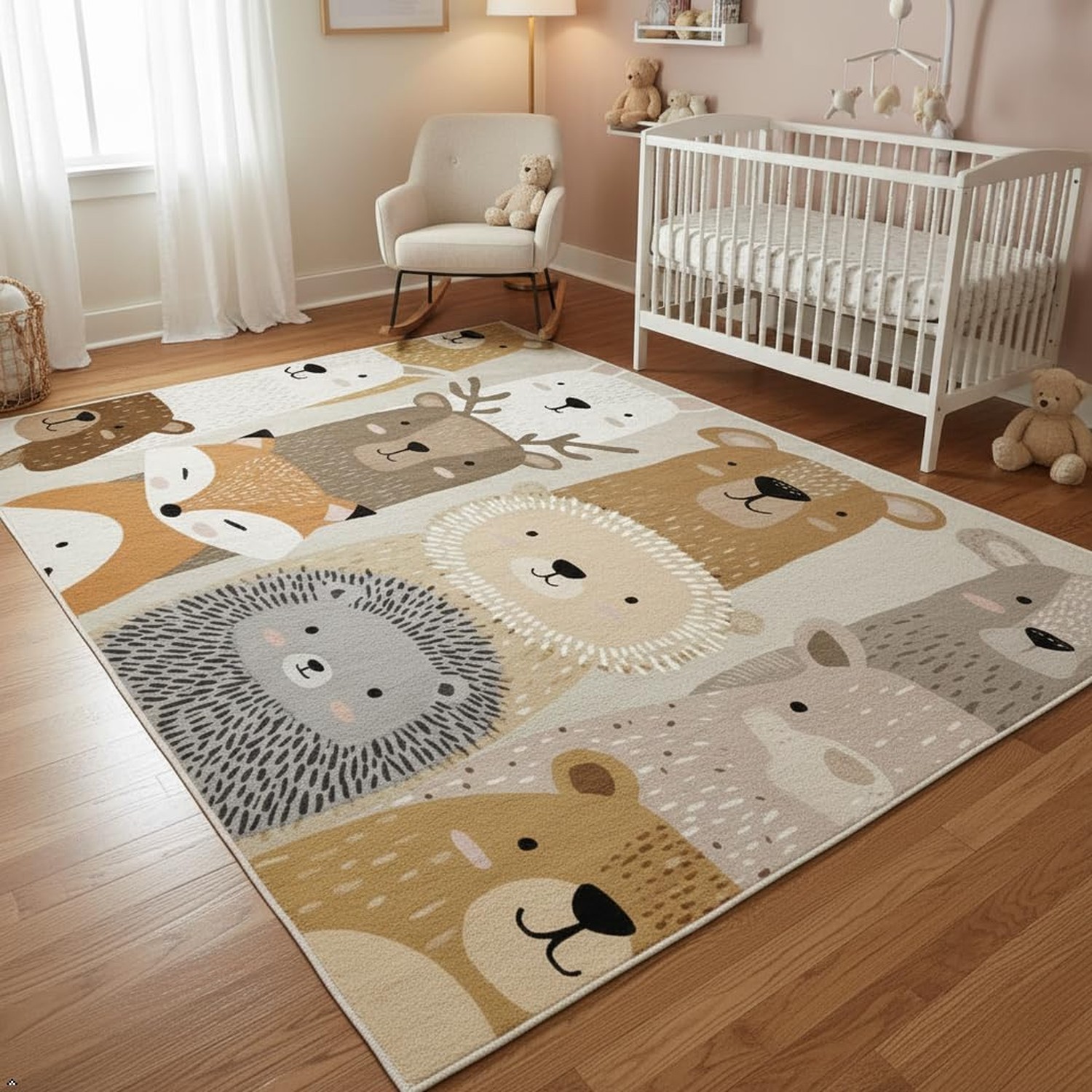 Cute Woodland Animal Rug for Kids Room – 5×8 ft Cartoon Bear Fox Lion Hedgeho…