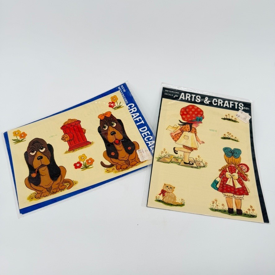 Meyercord VTG Craft Decals NOS 2 Sheets Dogs & Little Girls MCM Applique Cute