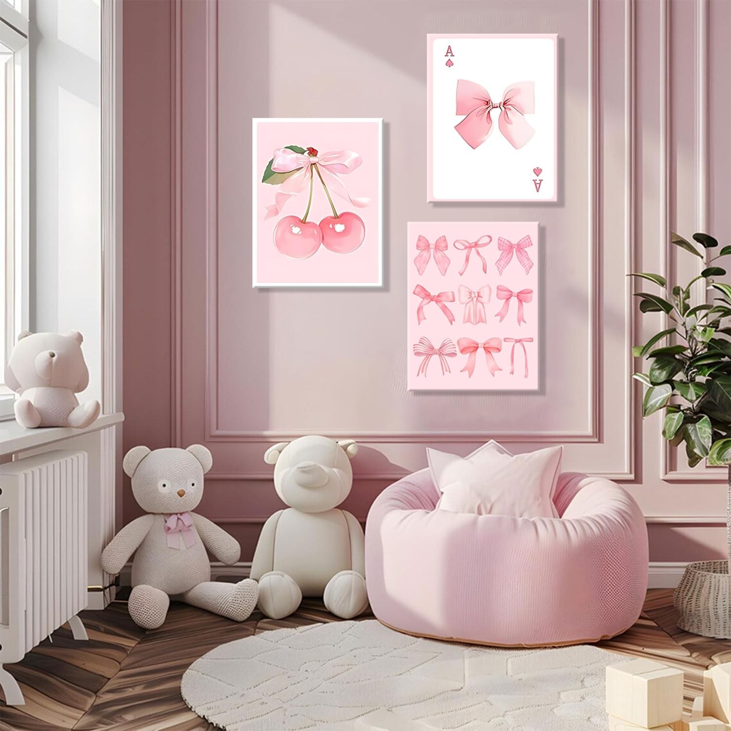 Coquette Pink Bow Canvas Wall Art Set of 3, Cherry Bow Posters Prints for Bed…