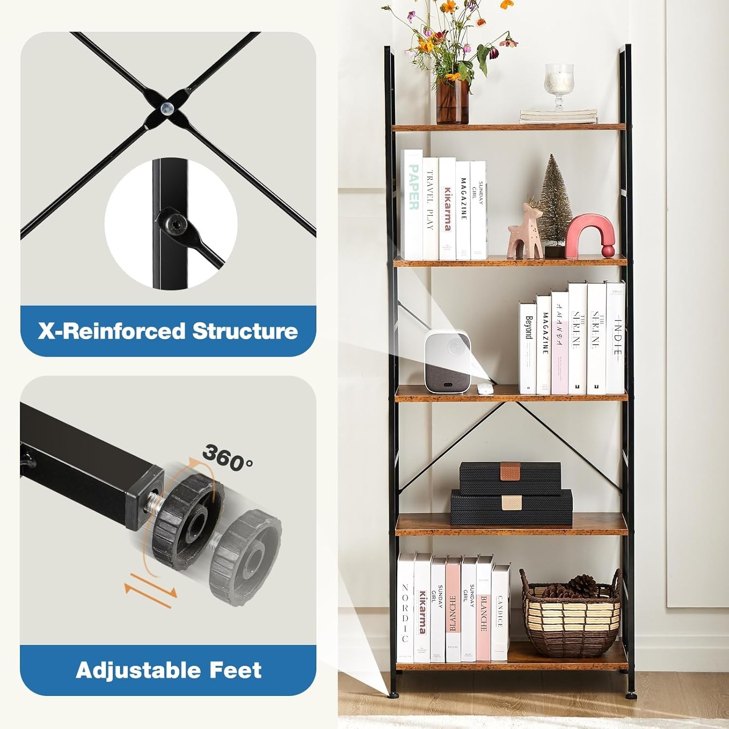 5 Tier Bookshelf – Rustic Brown Storage Organizer Display