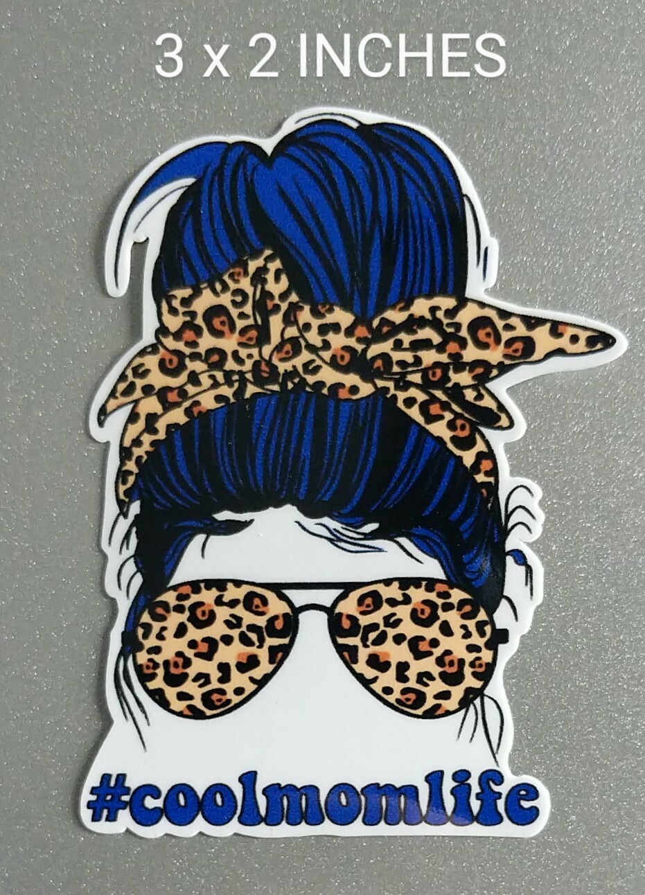 Cool Mom Life Dark Blue Hair 3" Decal Printed Vinyl Sticker Messy Bun Leopard