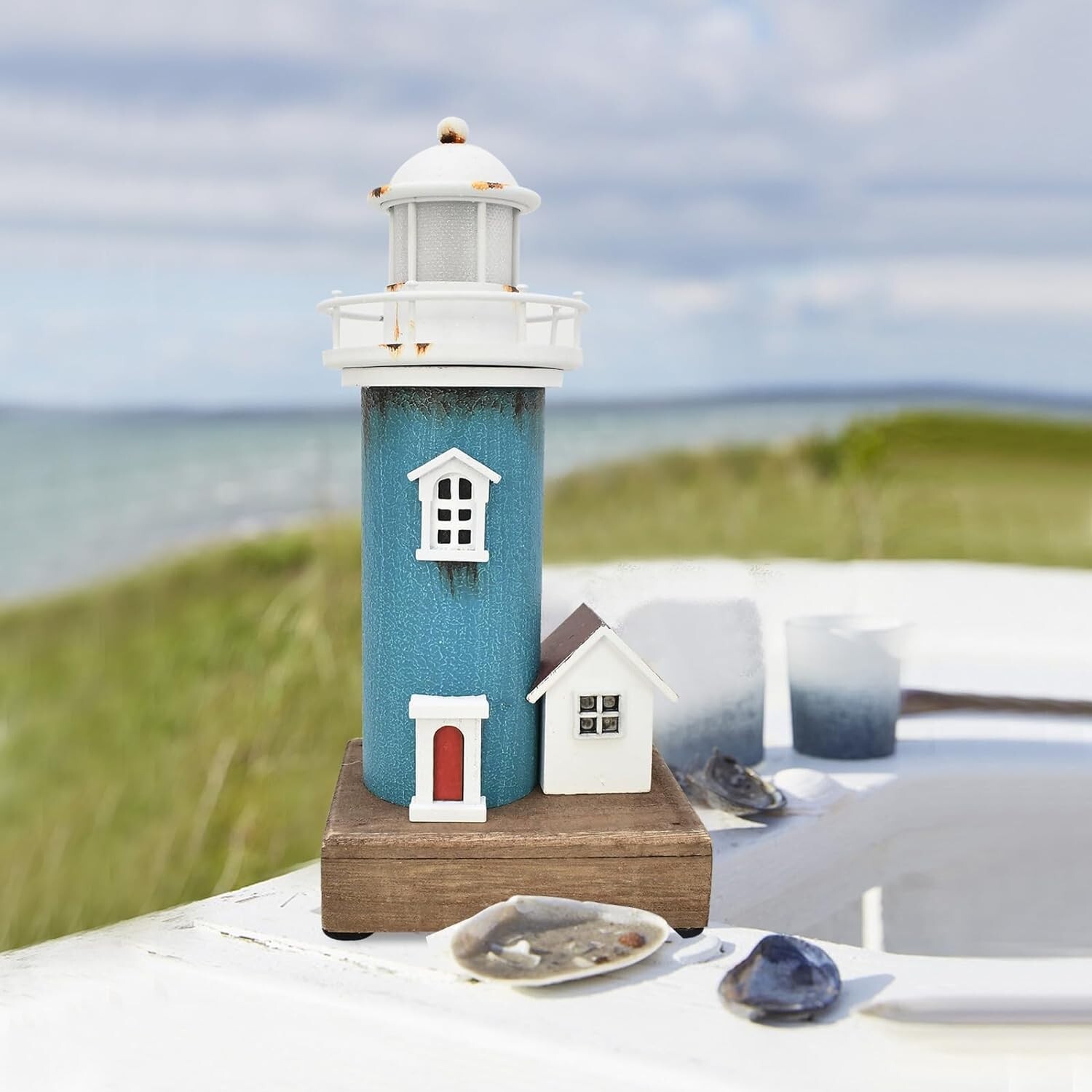 Aecipl Wooden Lighthouse with Lights Nautical Tabletop (Light Blue)