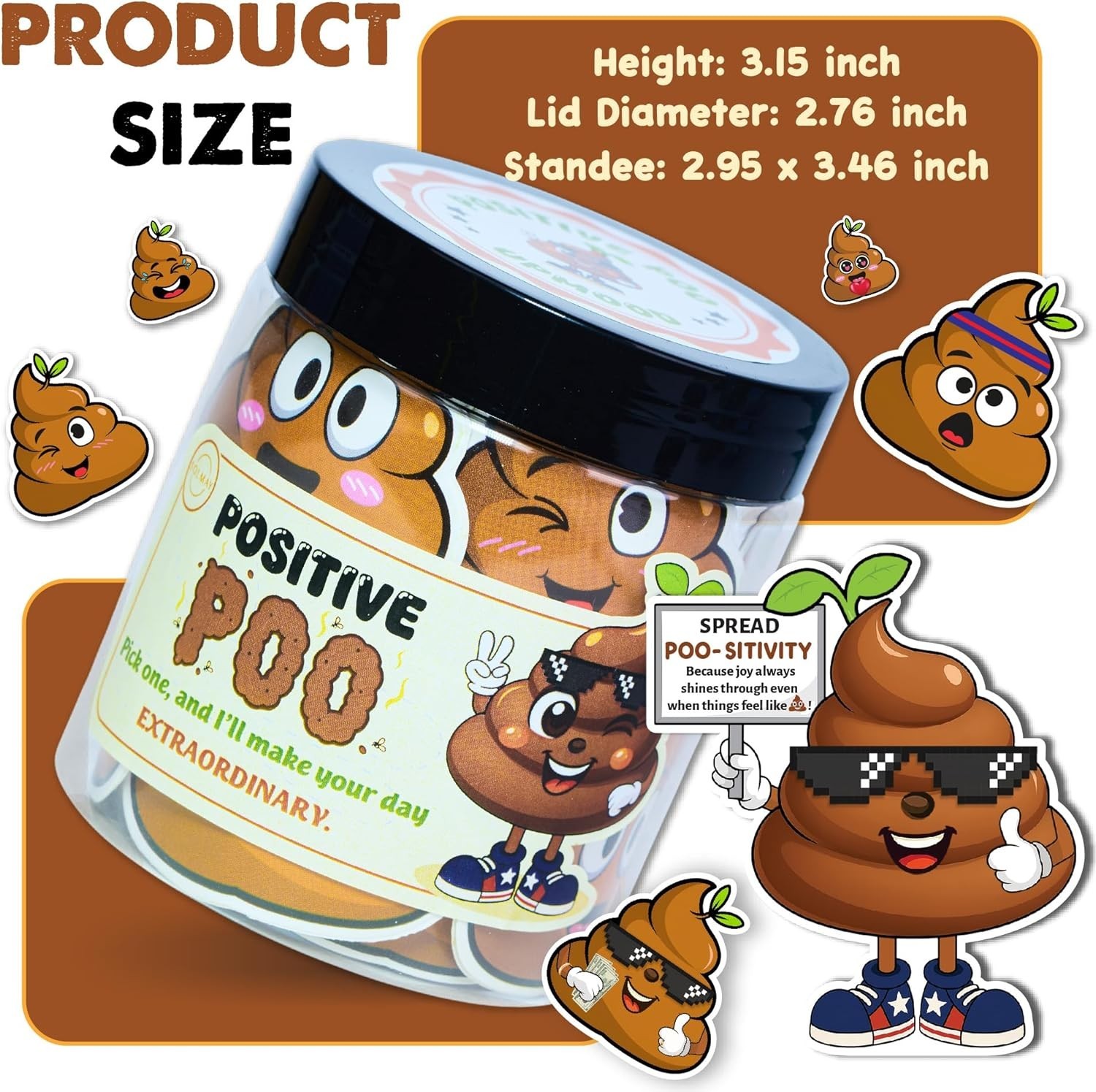 Positive Poo Jar with 60 Funny Stickers & Standee – Great Gag Gift for Coworkers