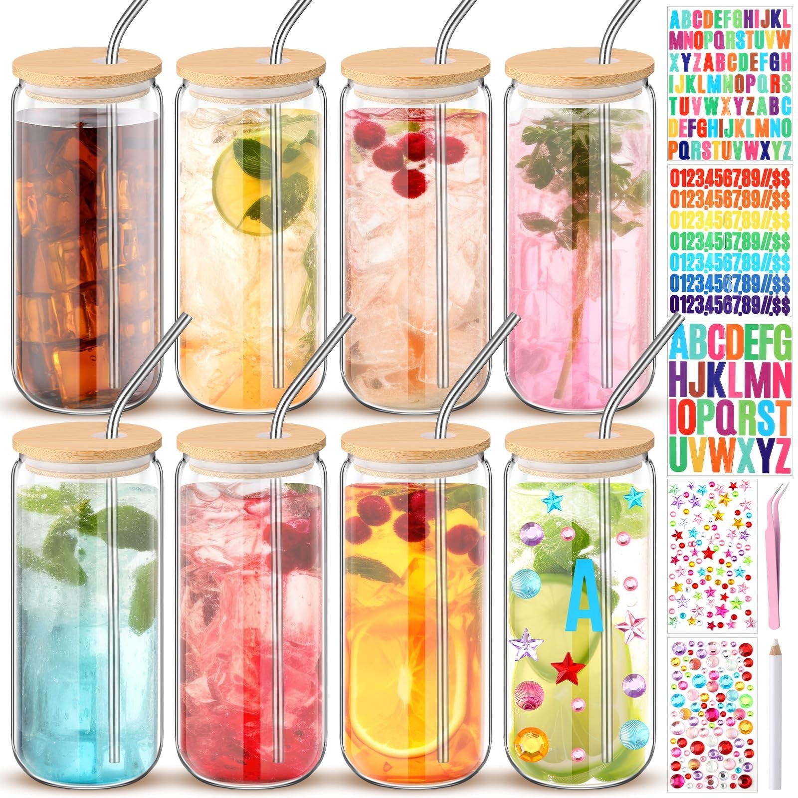 8 Pcs 20 oz Plastic Cups with Lids and Straws Acrylic Mason Jars with Bamboo …
