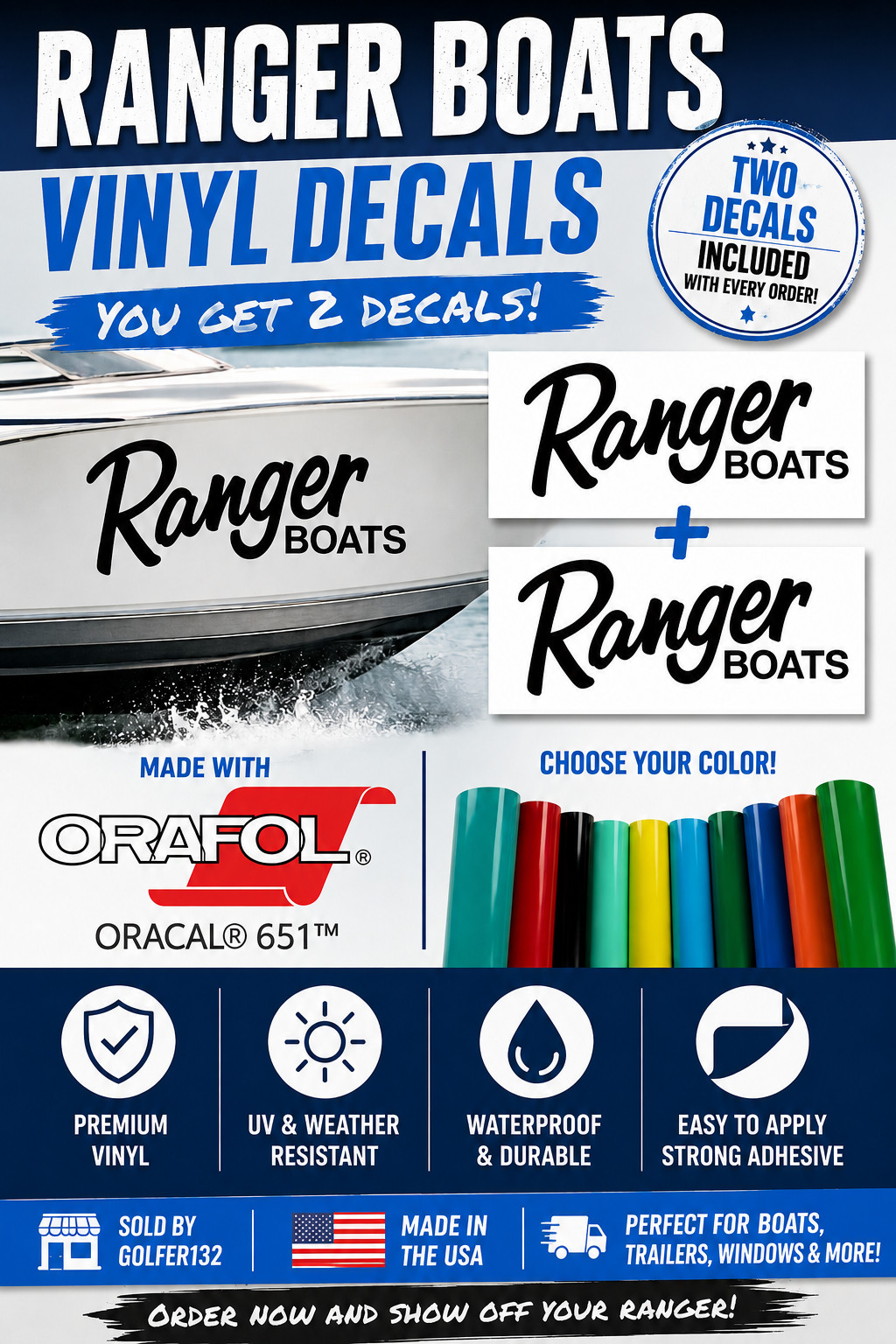 2X Ranger Boat Sticker Fishing Boat Pontoons Decal Die Cut – All Colors Any Size