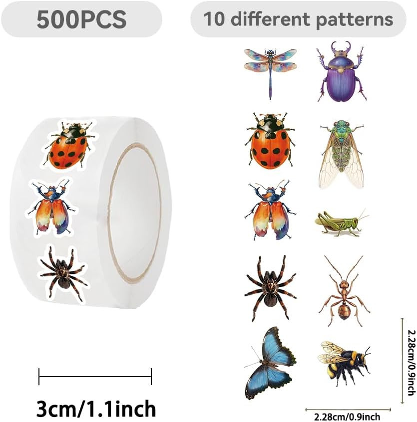 500PCS Bug Stickers 10 Styles Sticker Rolls Cartoon Insect Stickers Bug Party Fa