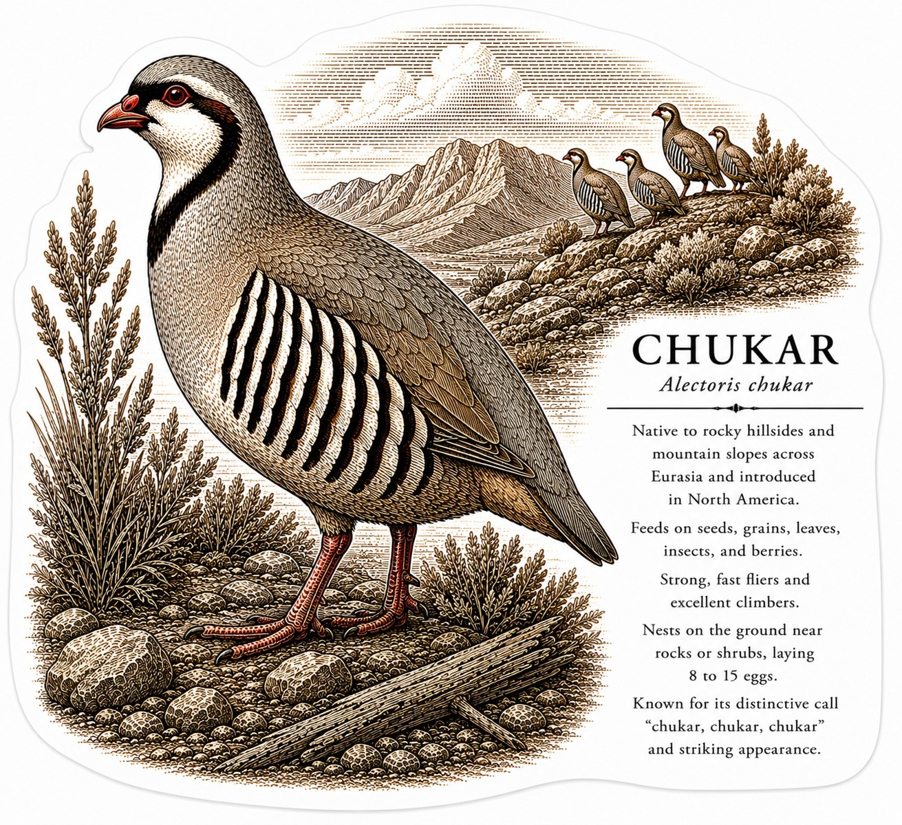 Chukar (Alectoris chukar) Bird Nature Sticker Decal, Brown Gray White Black Red