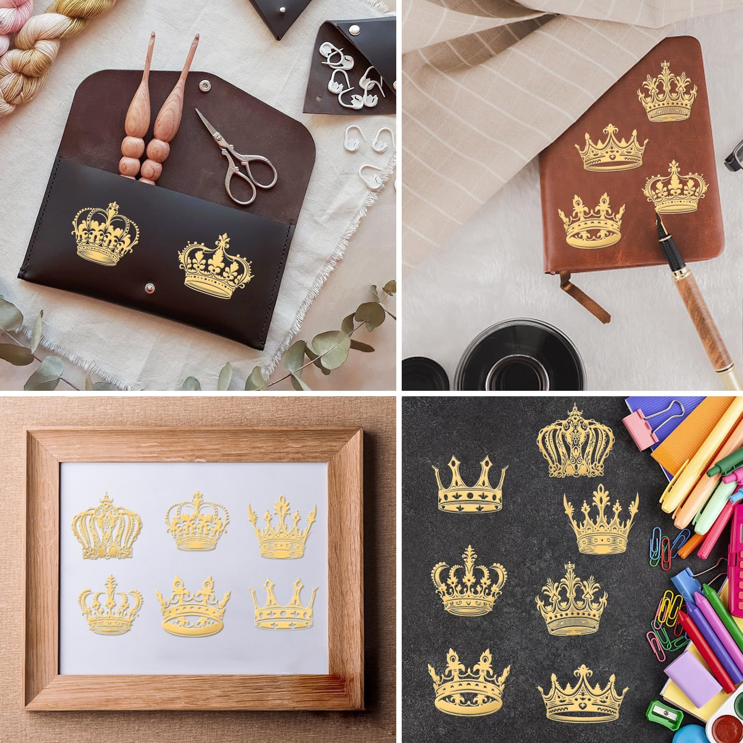 9Pcs 1.6X1.6 Inch Crown Pattern Stickers Crown Metal Sticker Self Adhesive Gold