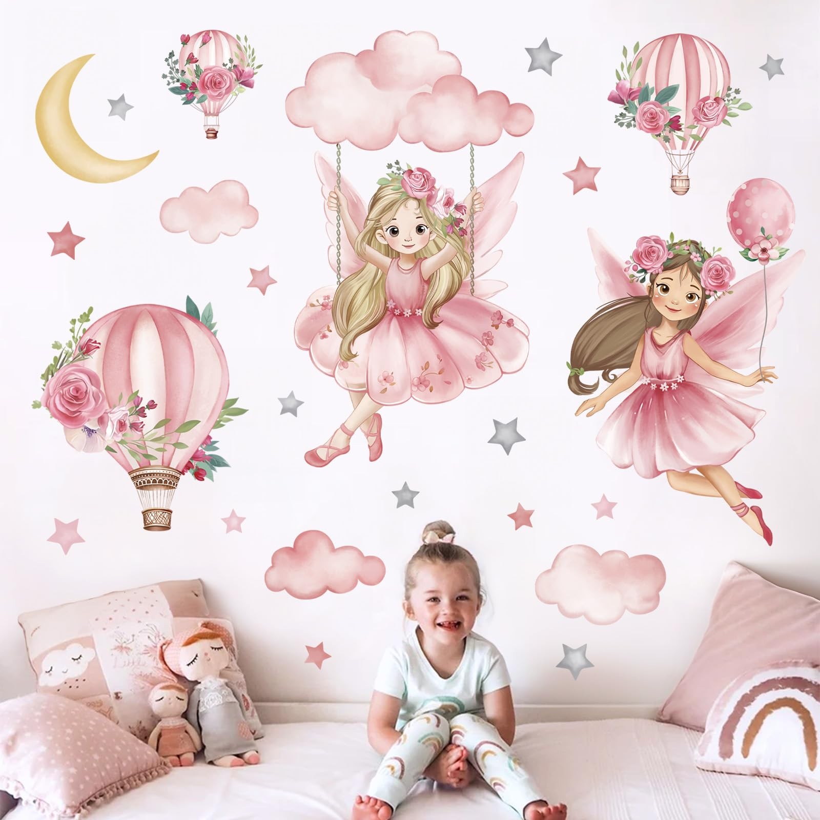 Pink Fairy on Swing Wall Stickers Girl Hot Balloon Flowers Peel and Stick Wal…