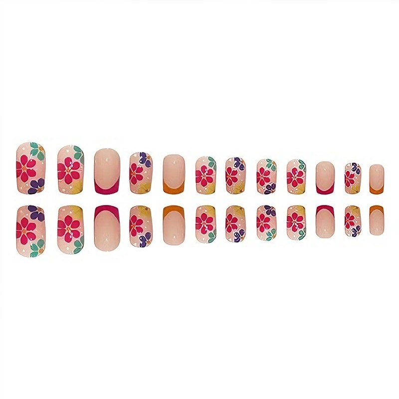 24 PCS Press On Nails Short Square Fake With Nail Glue French False Flower Desig