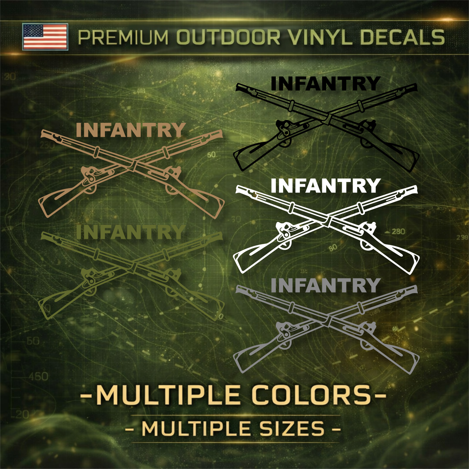 US Army Infantry Crossed Rifles Decal –Veteran Car/Truck Sticker, Sizes & Colors