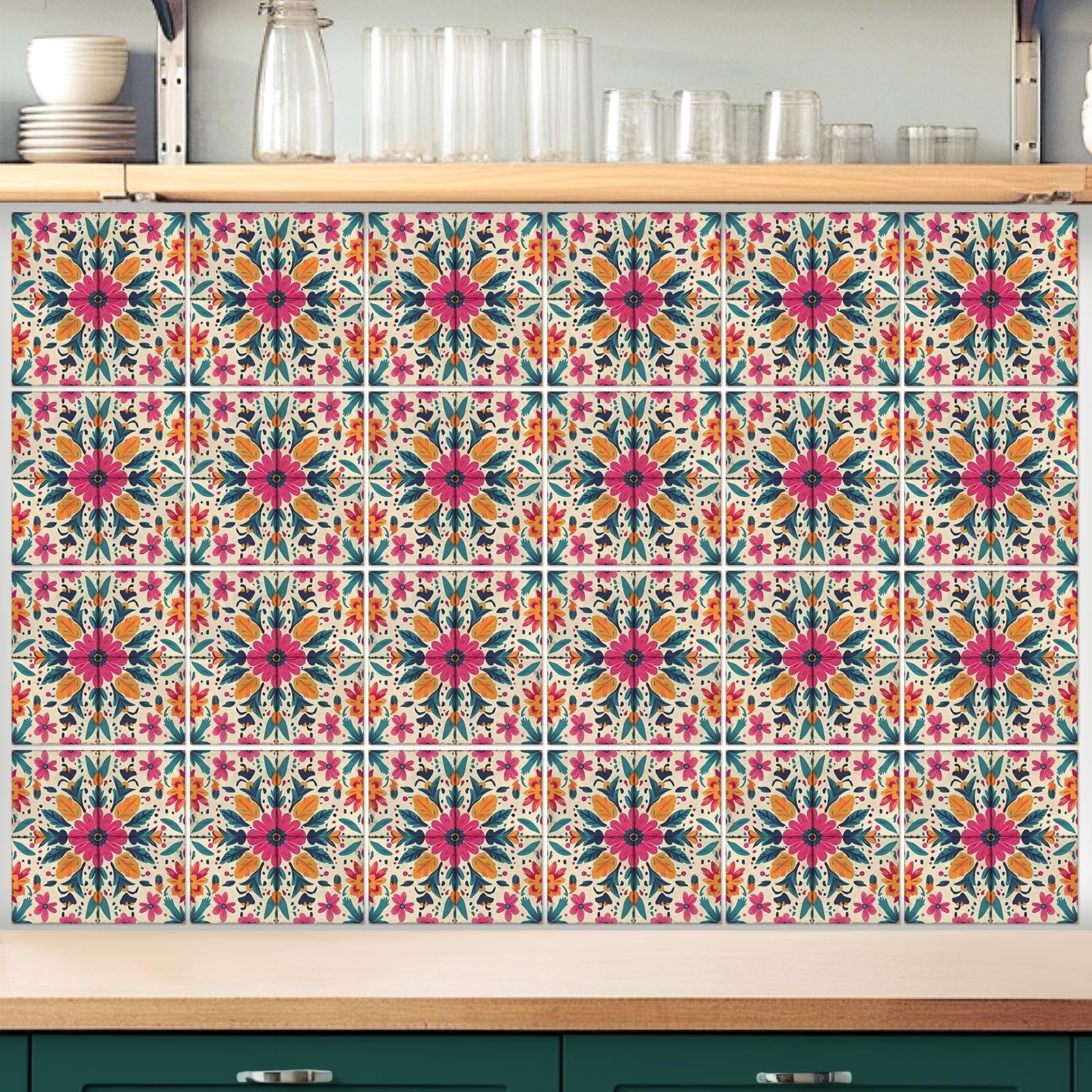 24 Pcs Vintage Tile Stickers 4×4 Inch Vintage Pink Flower Peel Stick Rustic R…