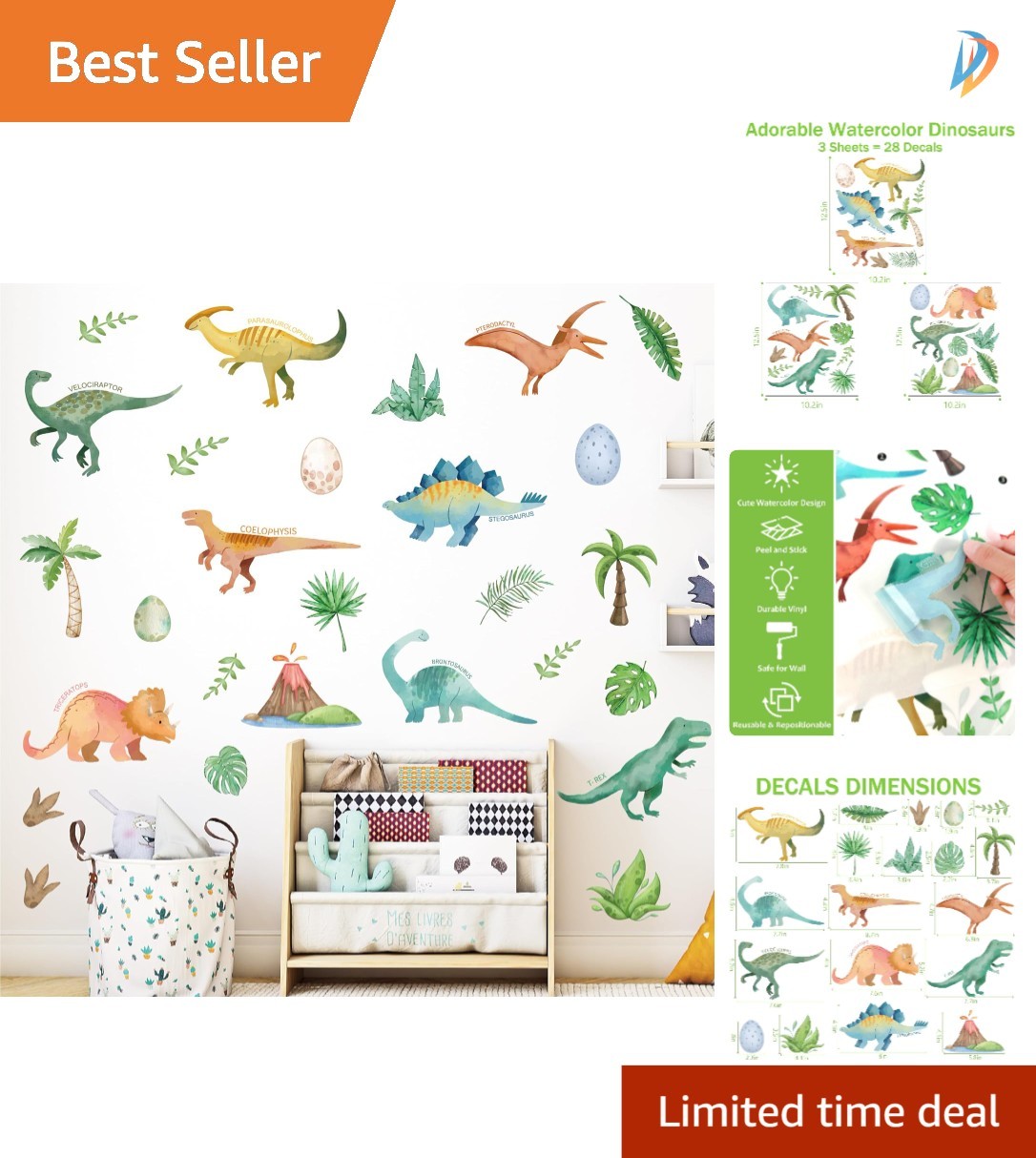 Reusable Watercolor Dinosaur Decals for Kids' Bedrooms, Nurseries & Classrooms