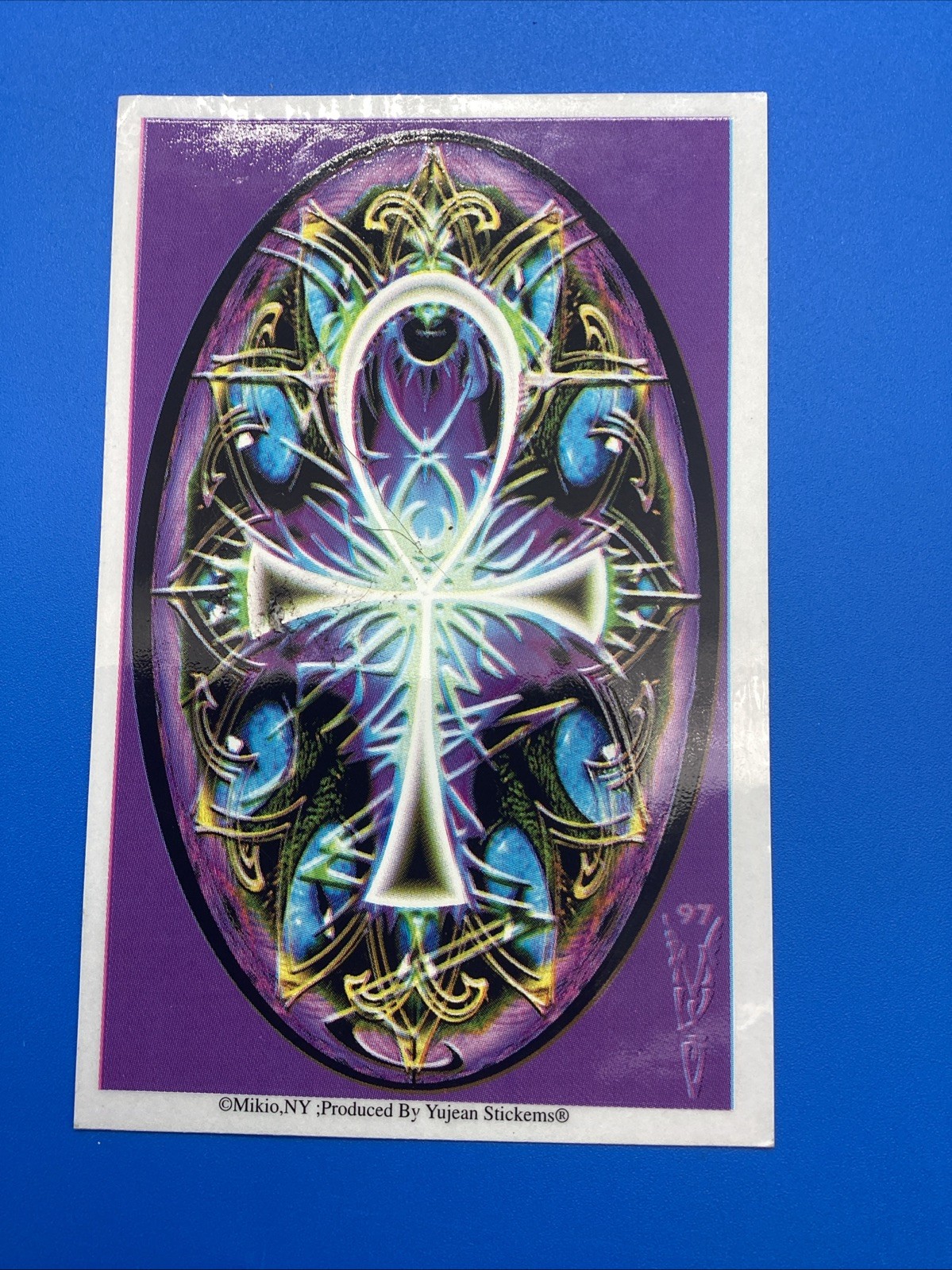 Vintage 1997 MIKIO Ankh Sticker Yujean Stickems Purple Gothic Fantasy Decal