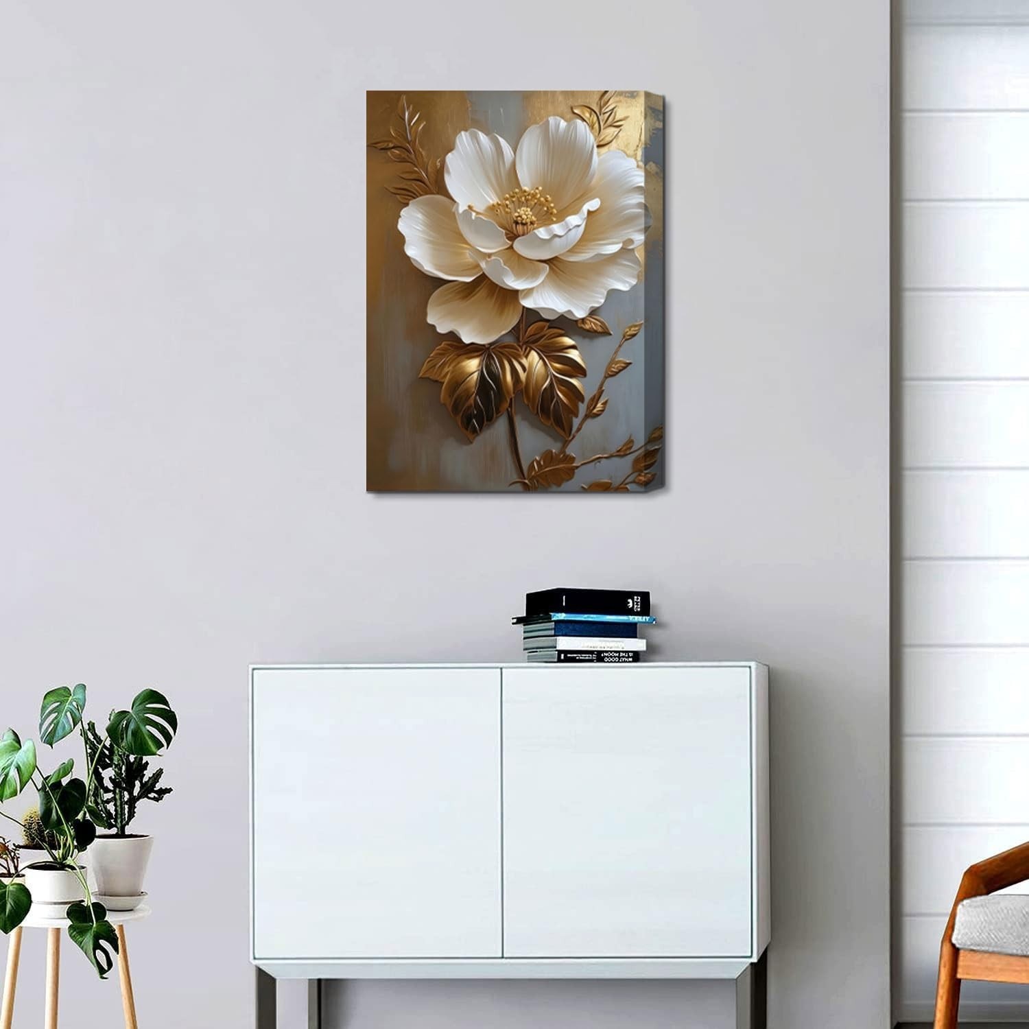 Flower Pictures Canvas Wall Art White Gold Flowers Elegant Wall Decor Picture…