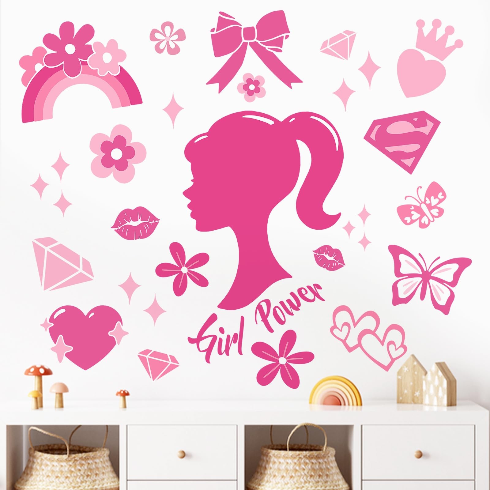 Pink Girl Power Wall Decals Stickers, Inspirational Rainbow Bow-Knot