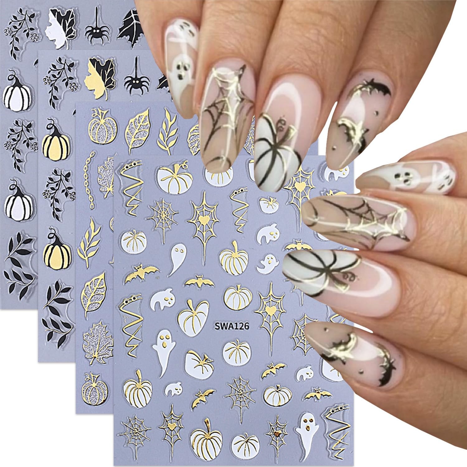 8 Sheets Fall Halloween Nail Stickers for Art 3.9in*3.15in, Multicolor