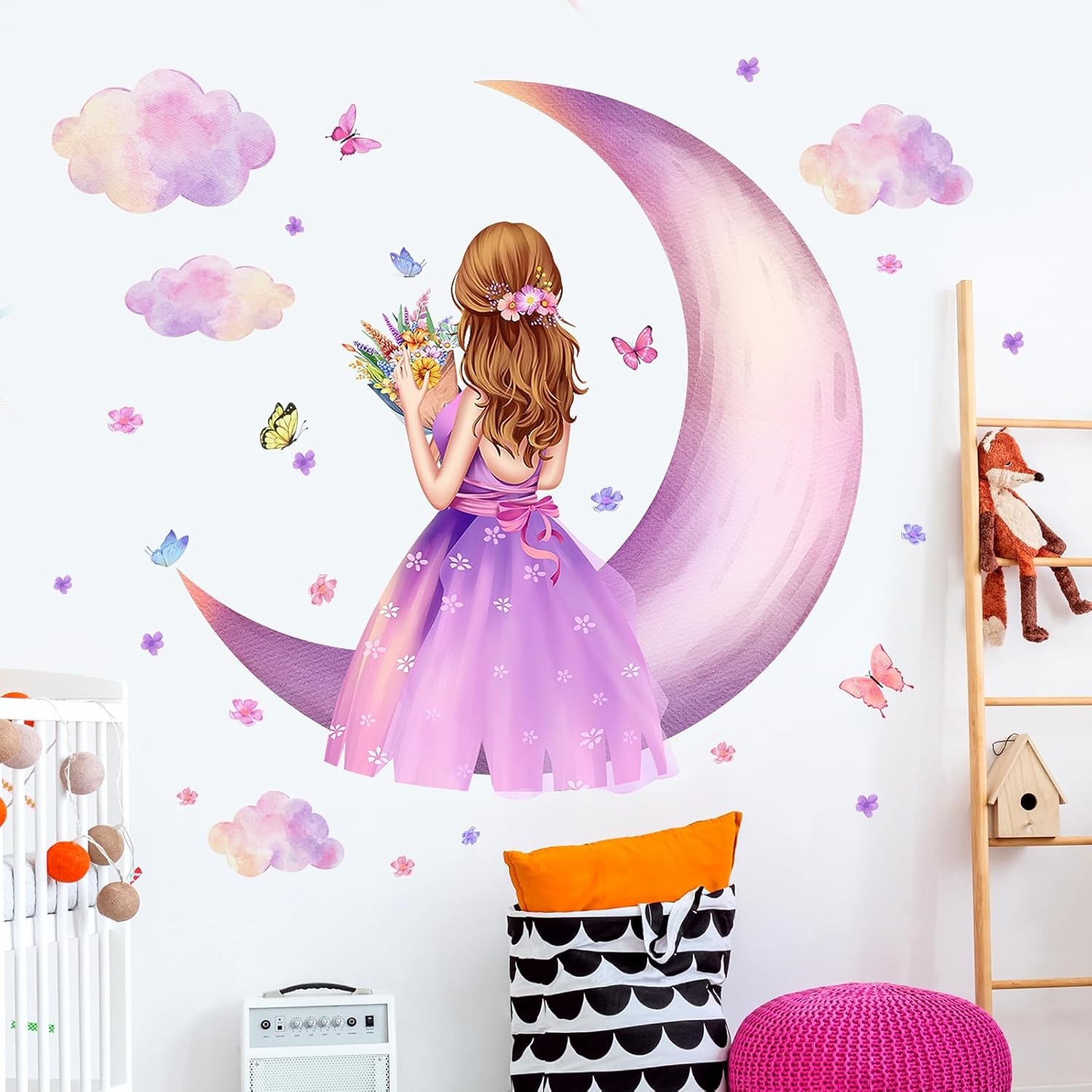 3D Princess Wall Decals Purple Butterfly Moon Clouds DIY Stickers for Girls