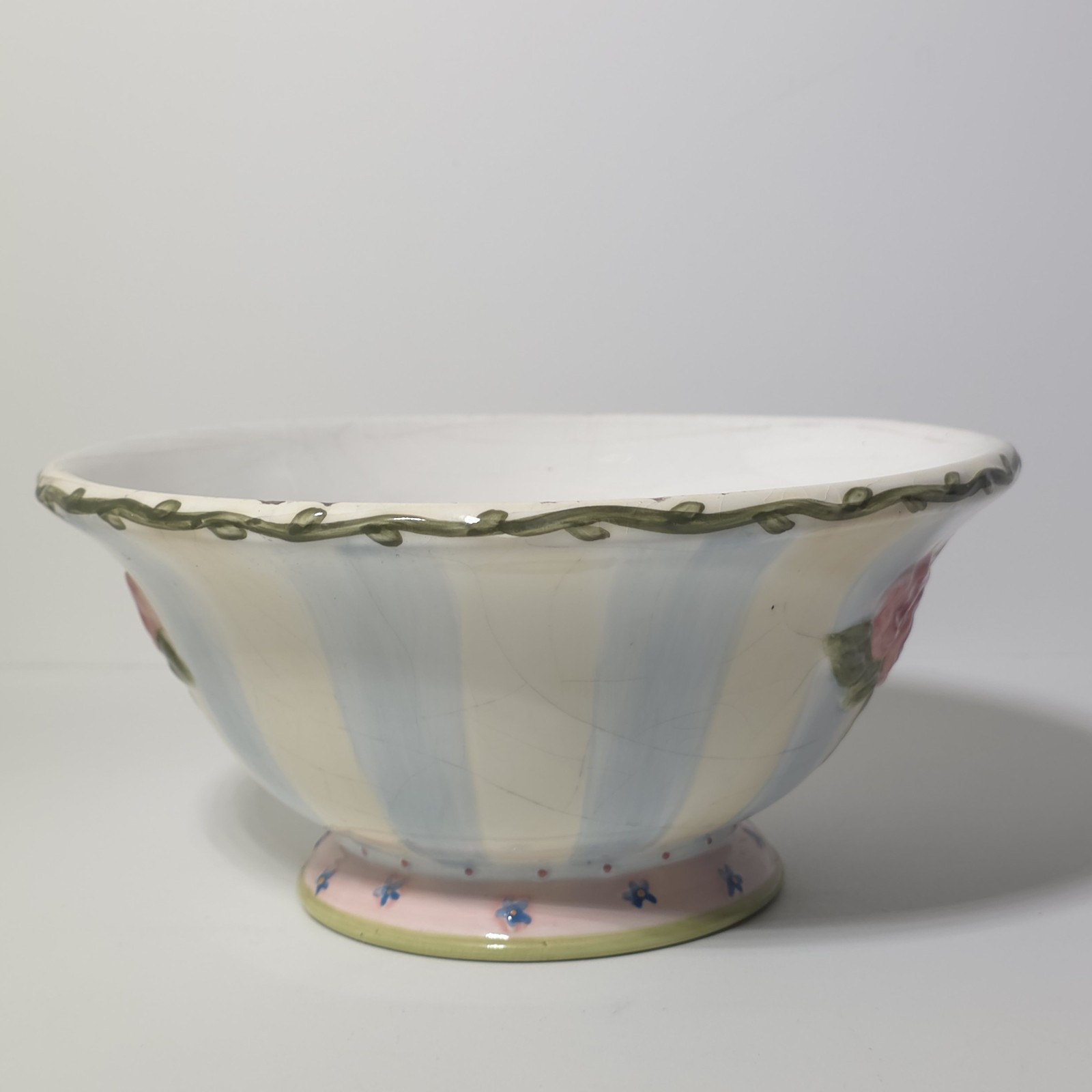 Vintage Cottagecore Pink Rose Blue Striped Footed Ceramic Serving Bowl 9" x 4"