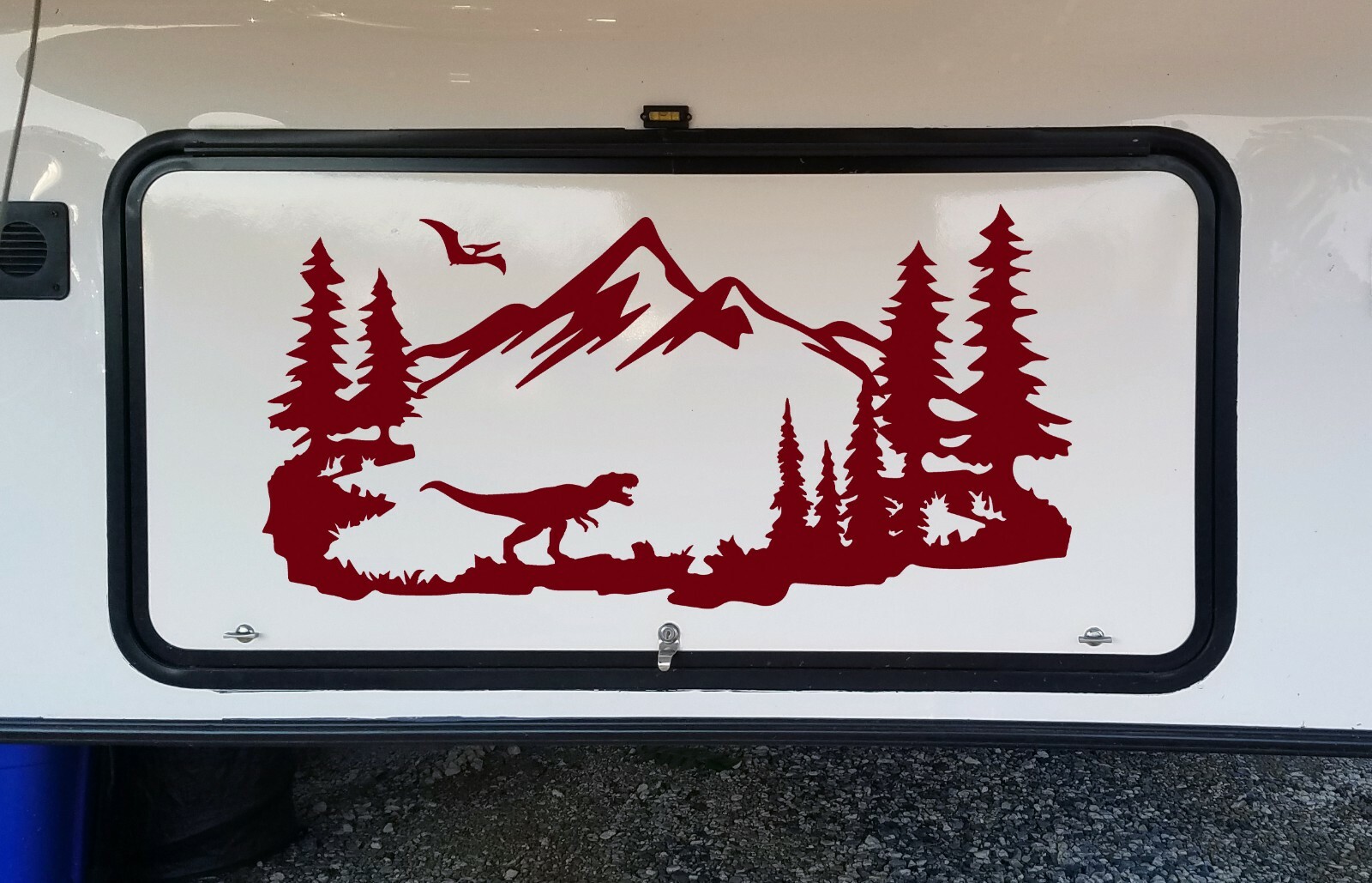 T-Rex Mountains Scene Vinyl Decal V2 – Pterodactyl Dinosaur RV Travel Trailer