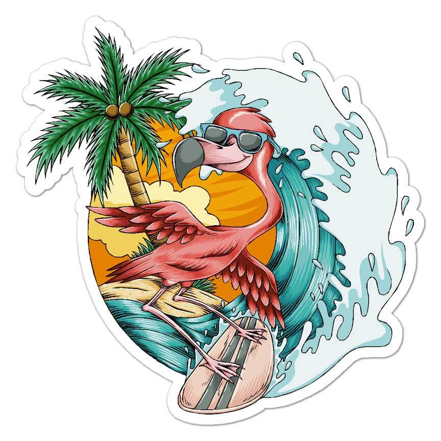 Flamingo Surfing Beach, Vinyl Decal Sticker, Indoor Outdoor, 3 Sizes, #7907