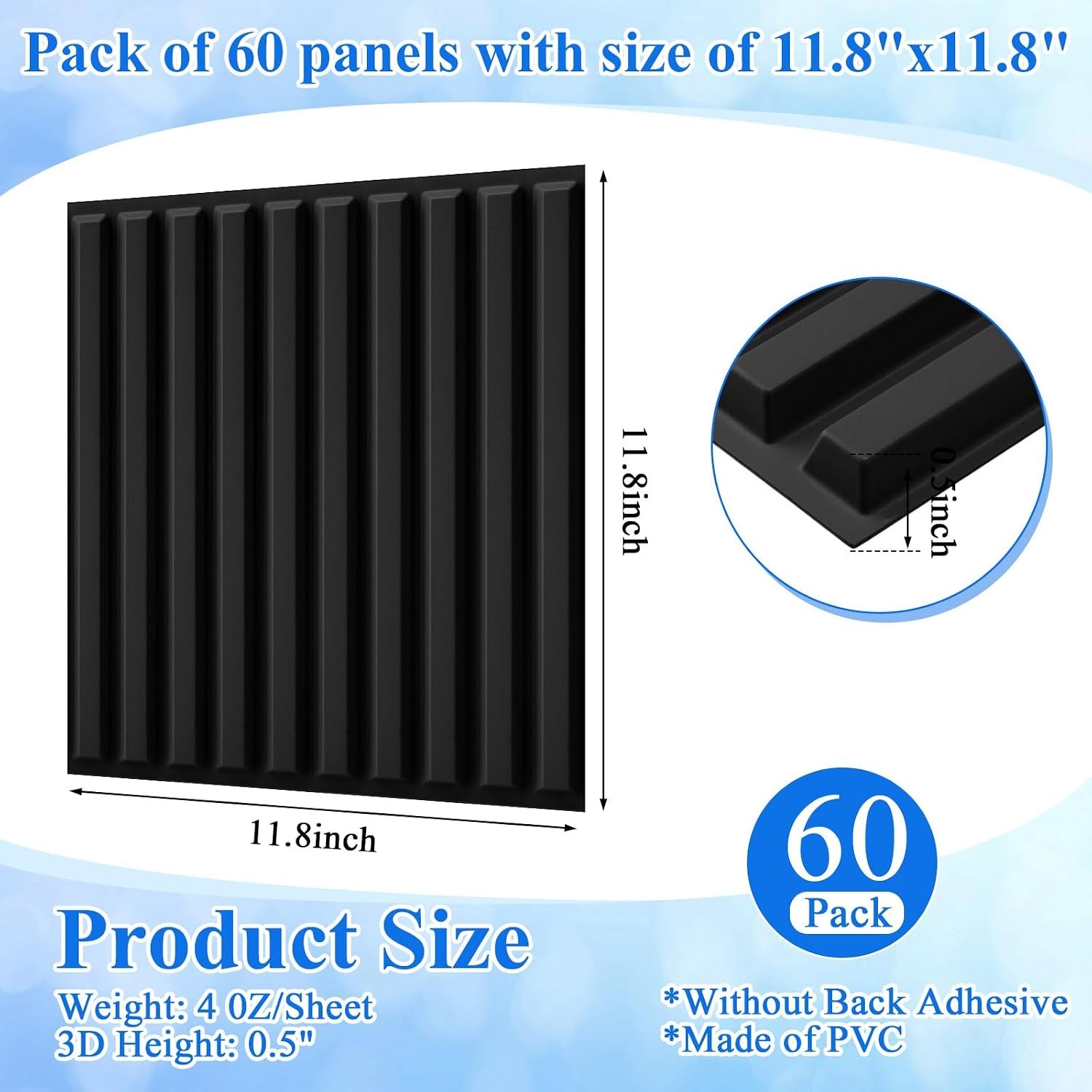 60 Pcs 3D Wall Panels Interior Wall Decor 12"x12" Fluted Textured Black Accent