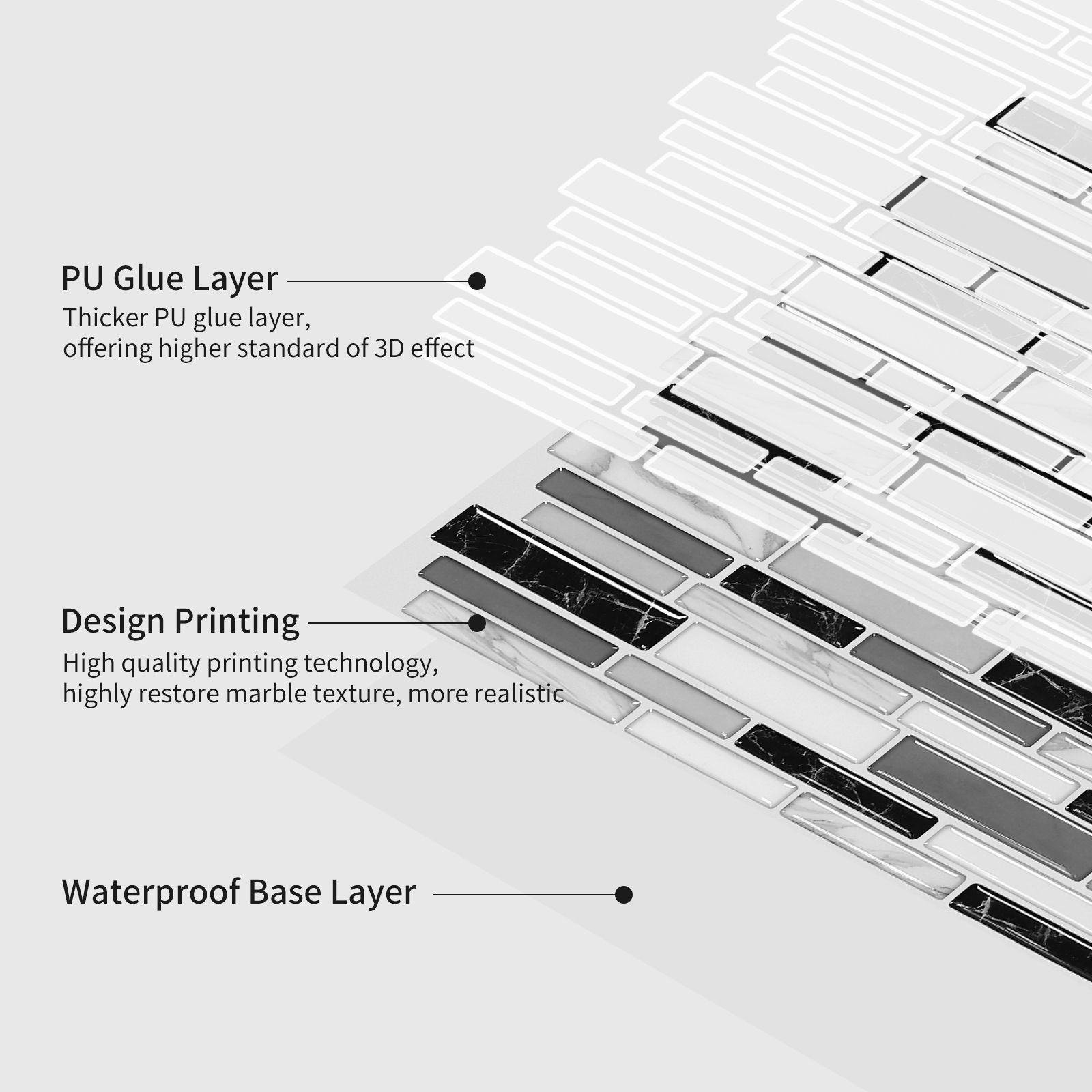 5 Grey Marble Tile Stickers 12×12" Self Adhesive Backsplash Waterproof 5 Sq Ft