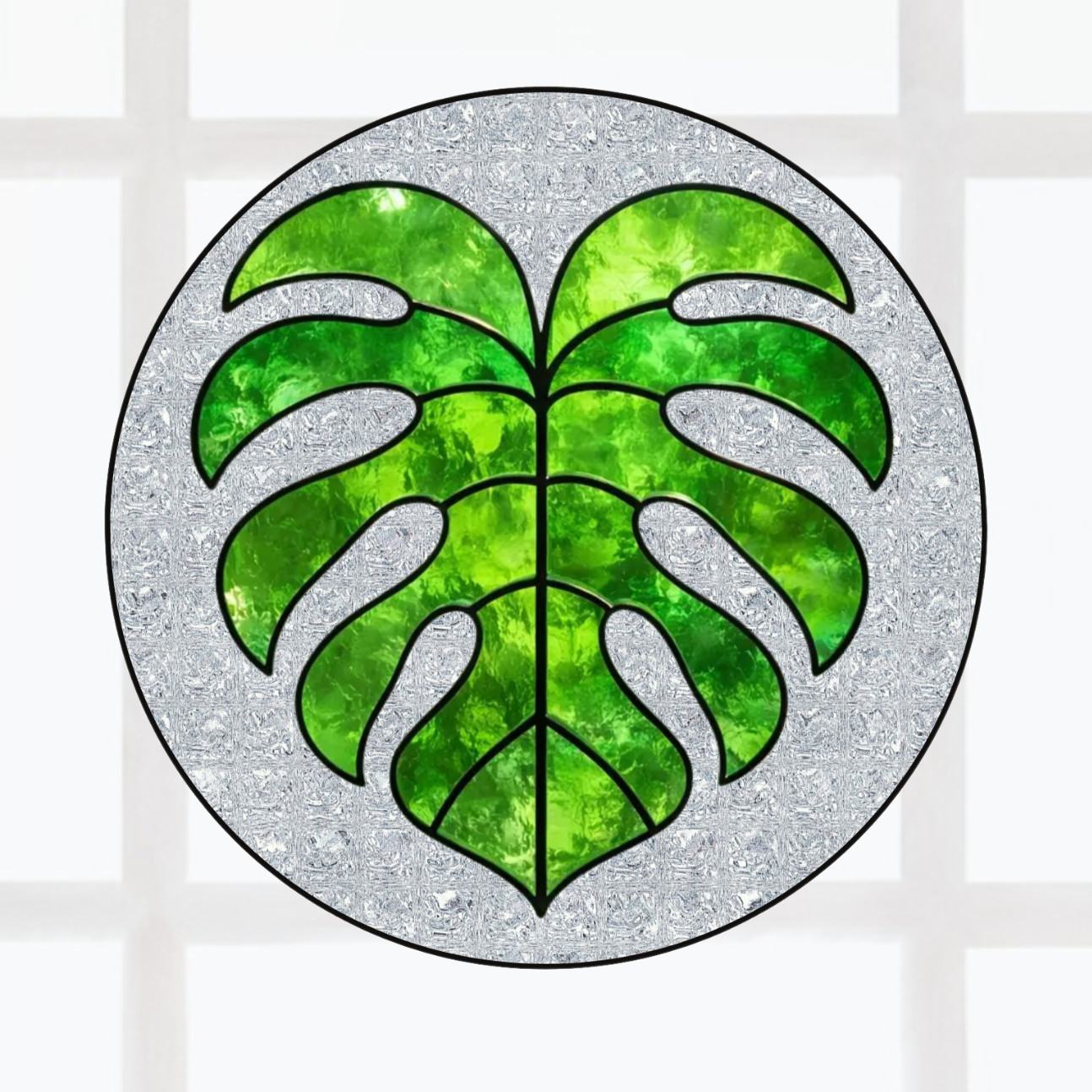 Monstera Leaf Faux Stained-Glass WINDOW CLING Size 8" Round Repositionable Vinyl