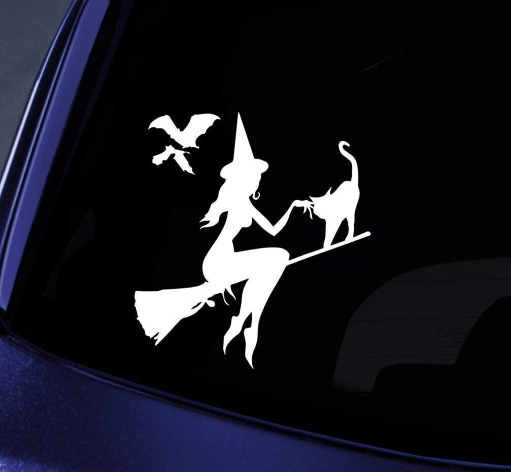 Cute Witch Bats & Cat – Two PK 5" White Vinyl Decal Car Windows laptop notebook