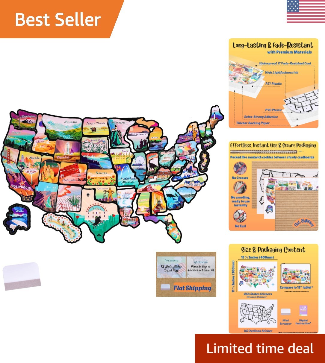 Colorful Waterproof RV State Travel Map Sticker – 11.8” x 15.75” for Adventures
