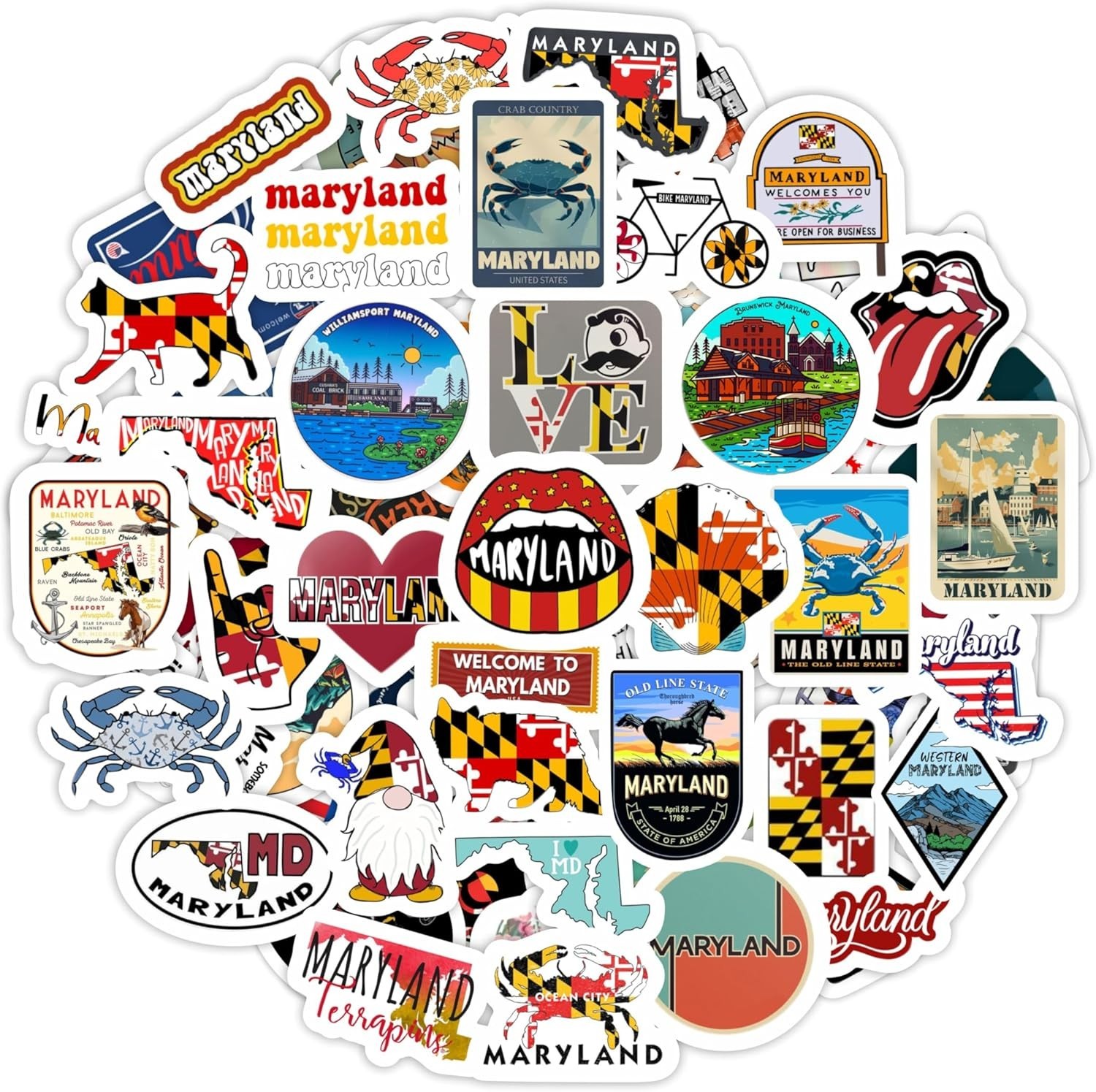 BulbaCraft 100Pcs Maryland Stickers for Water Bottle and Laptop – Maryland Pa