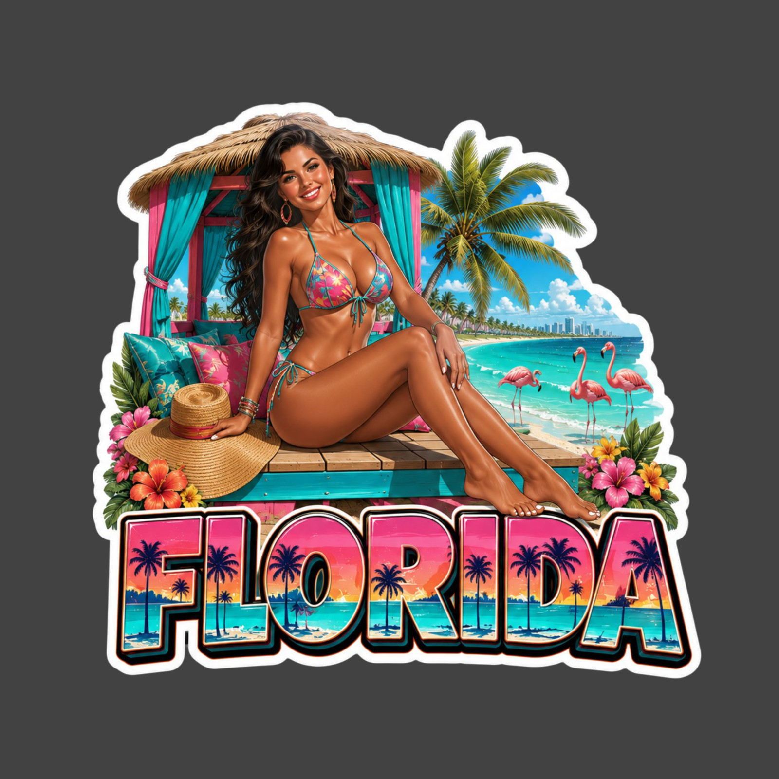 Florida Sticker Vinyl Decal Beach Cabana Bikini Girl Flamingos Coastal Paradise