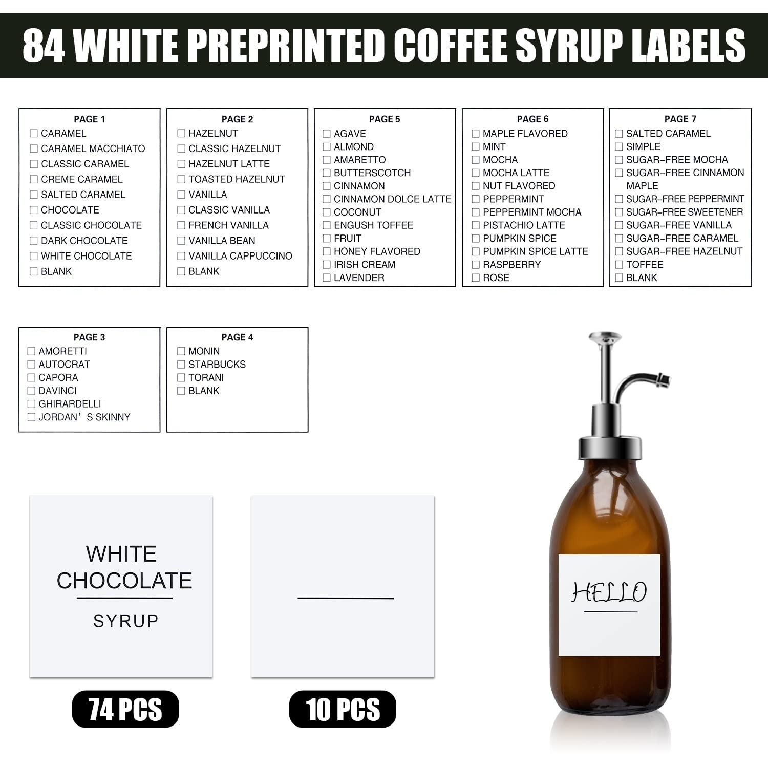 AIEX Coffee Syrup Labels, 84pcs Waterproof White Minimalist Stickers for Bott…