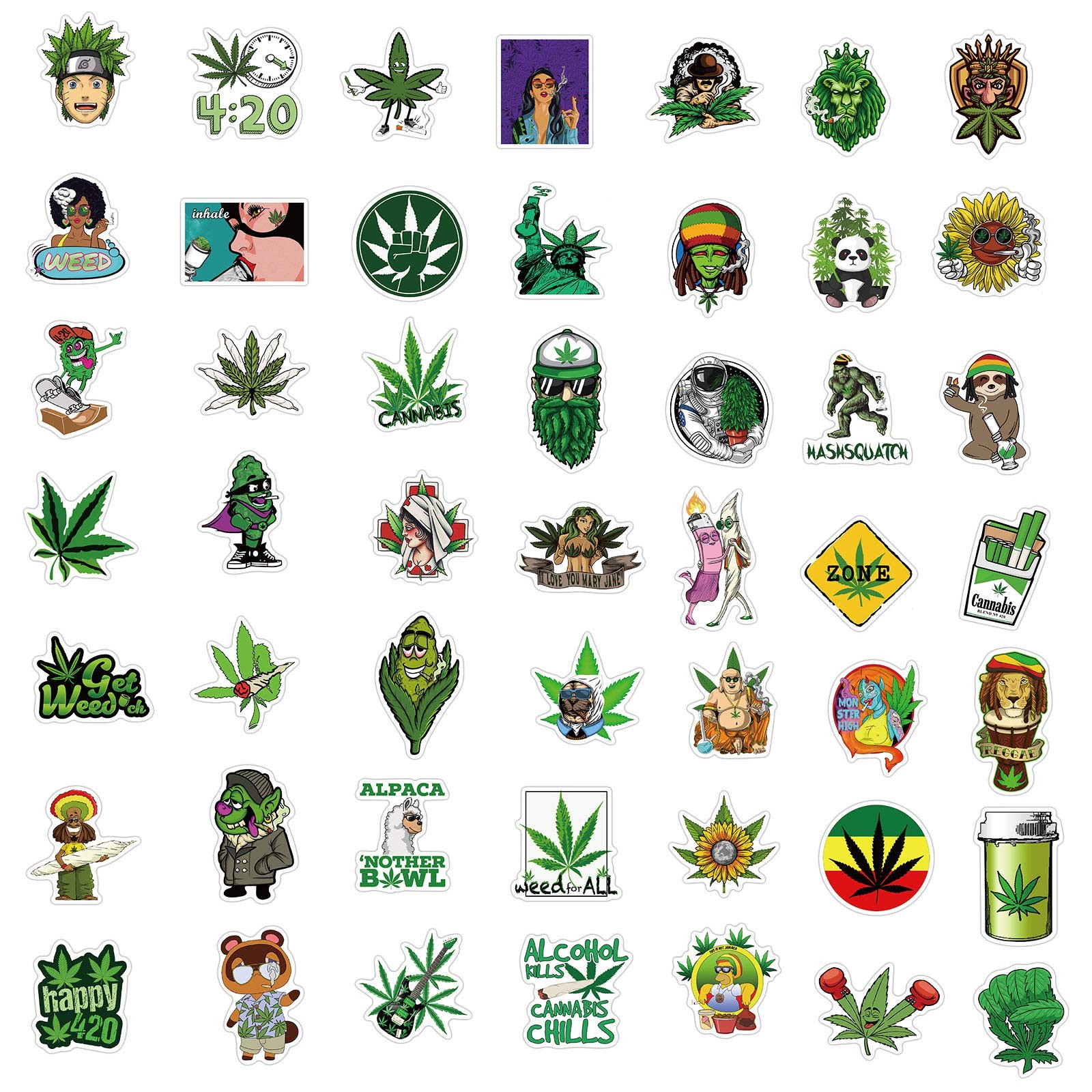 100PCS Stoner Weed Stickers, Vinyl Waterproof Green Marijuana Stickers