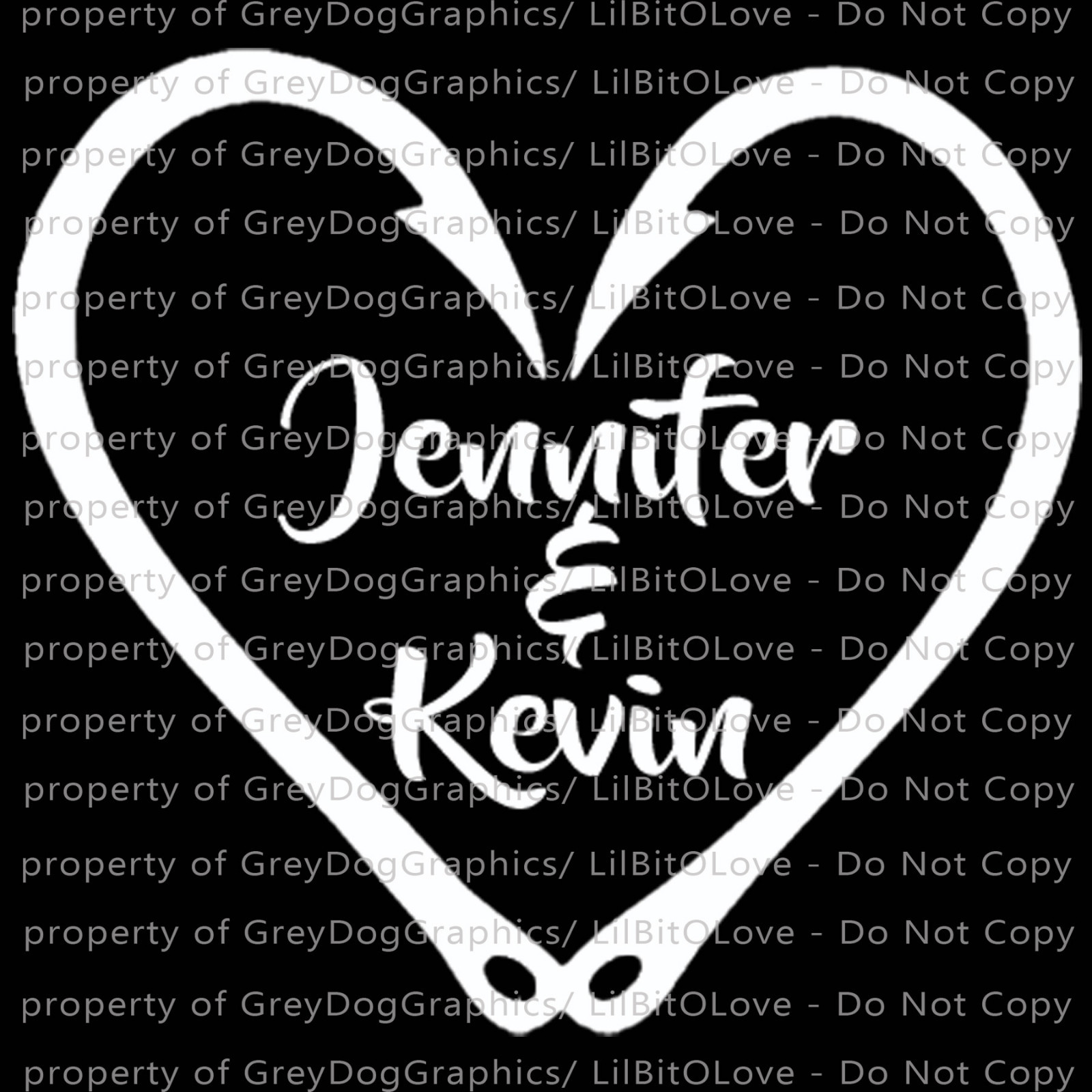 Custom Fish Hook Heart Personalized with Couple's Names Vinyl Decal Sticker