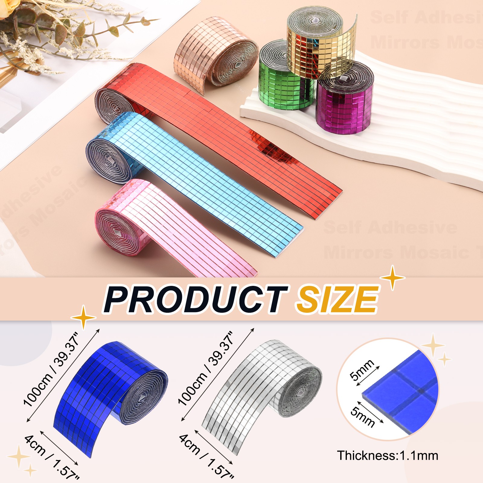 5x5mm Self Adhesive Mirrors Mosaic Tiles, 3840 Pcs Mosaic Sticker, Blue Silver