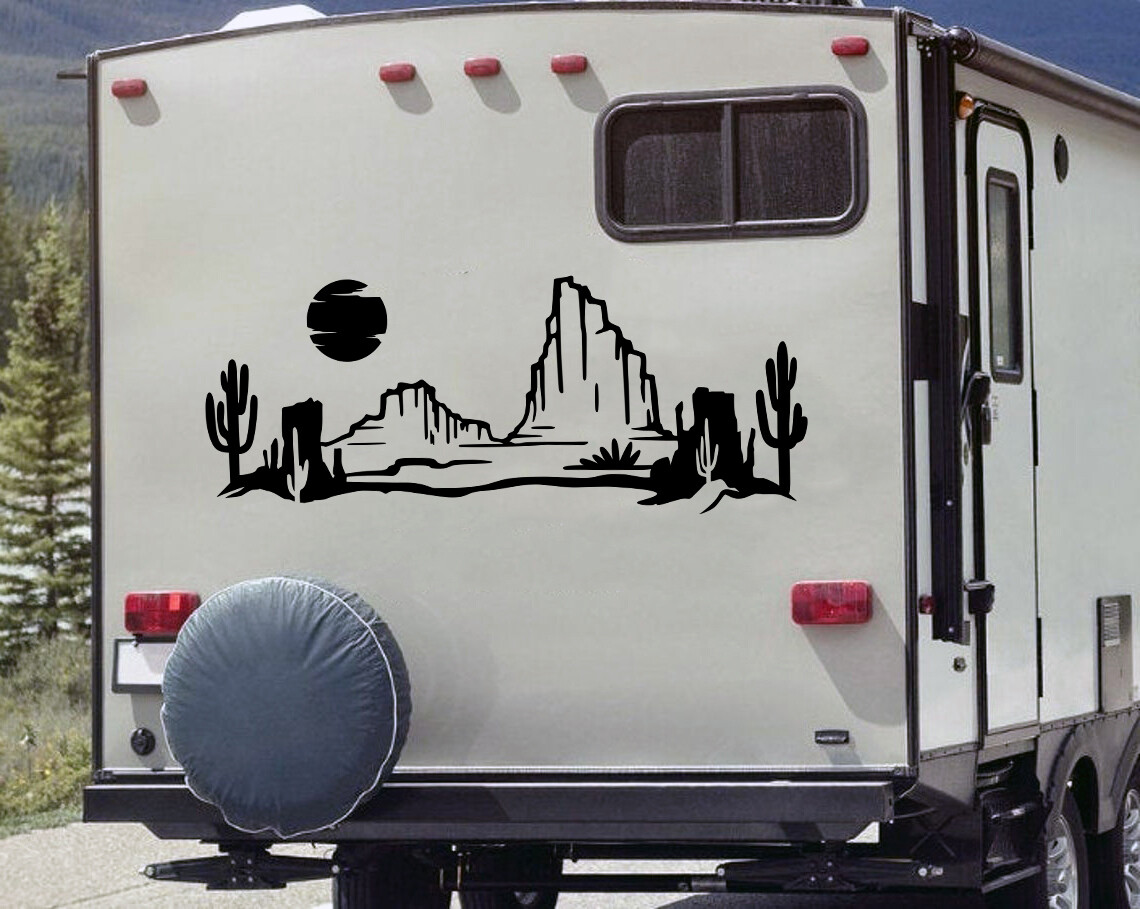 Desert Cactus Mountain Scene V11 Vinyl Decal – Sun RV Camper Graphics – Die Cut