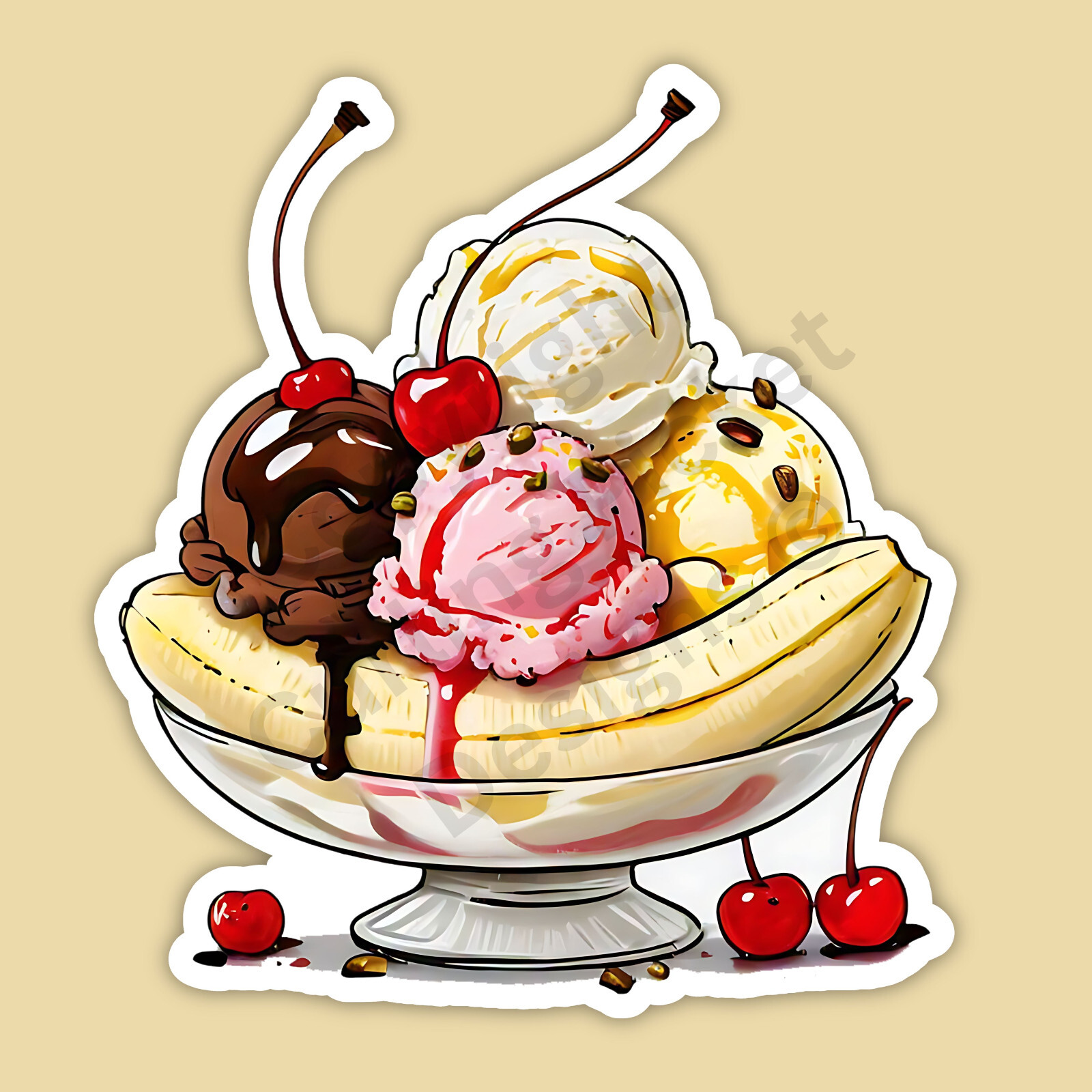 Old Fashioned Banana Split Ice Cream with Cherries Food 3" Vinyl Sticker