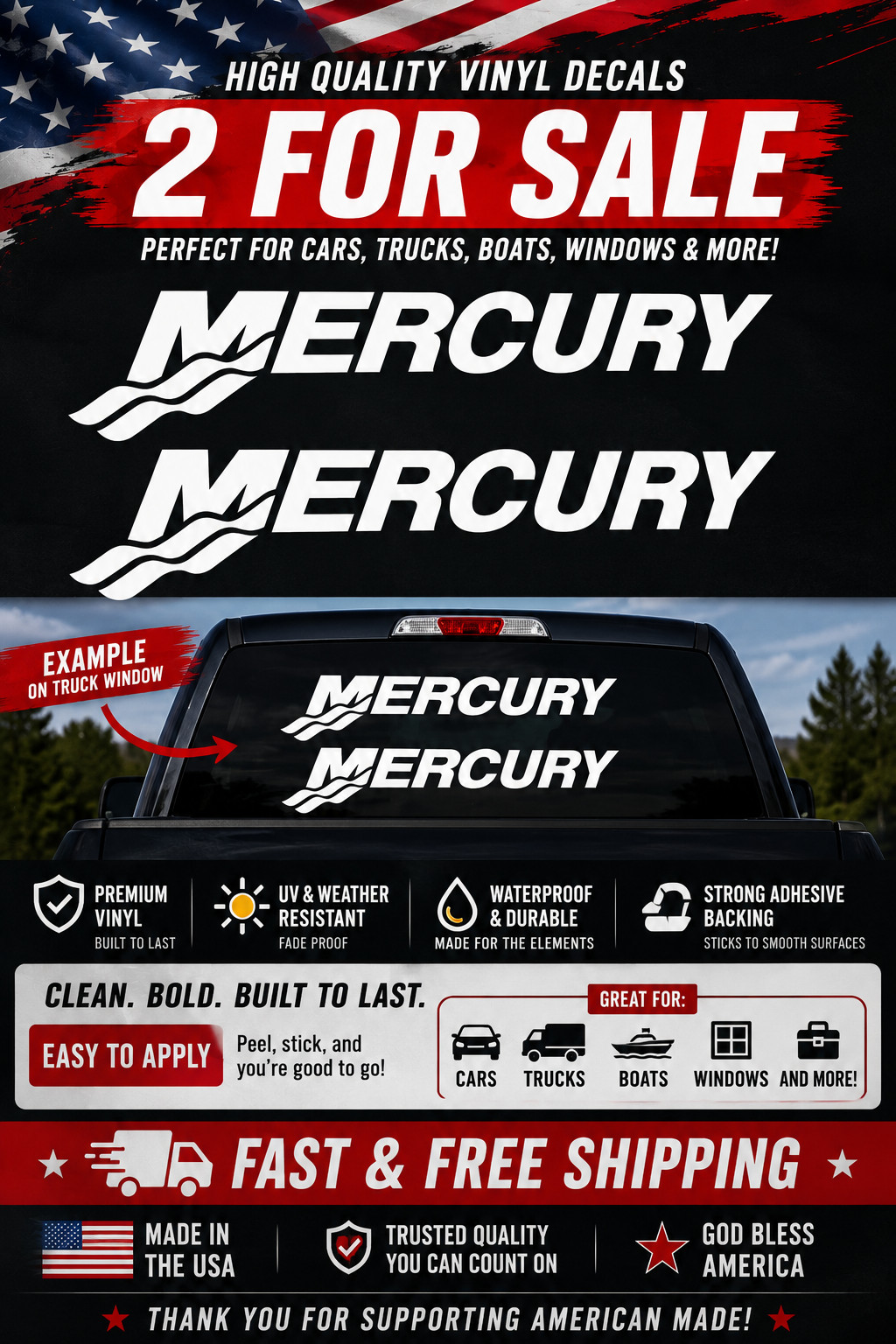 2X MERCURY DECAL STICKER US MADE TRUCK VEHICLE FISHING BOAT OUTBOARD CAR WINDOW