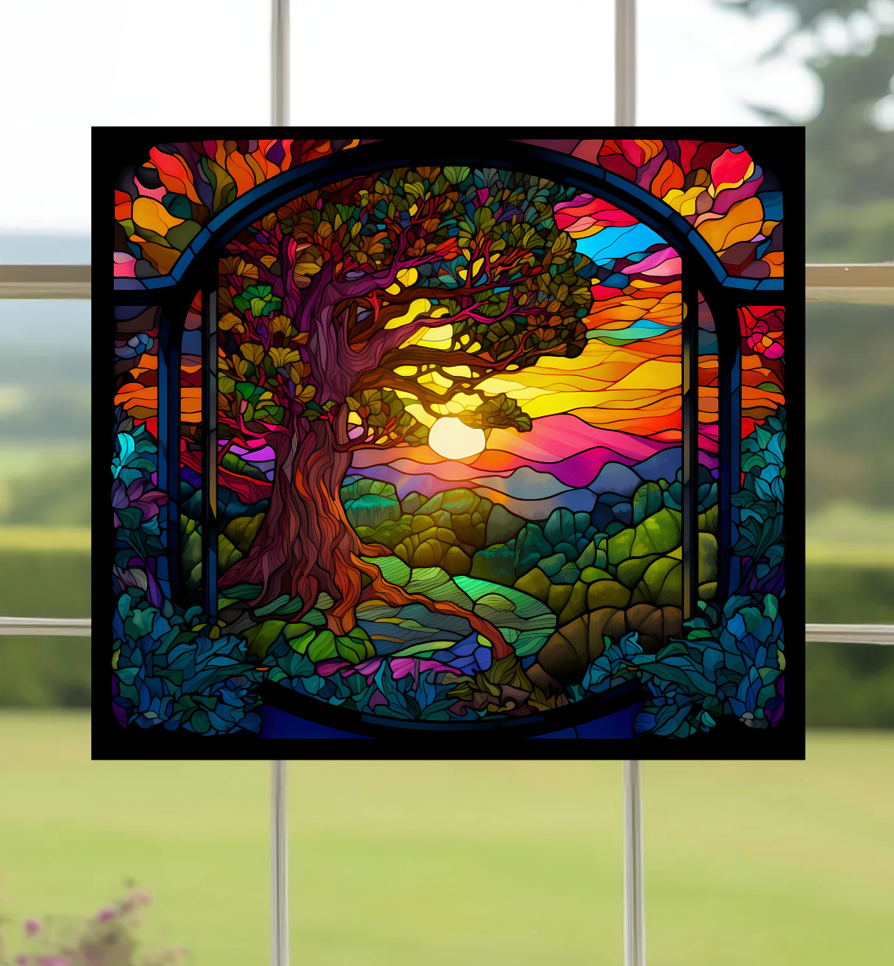 Tree at Sunset Faux Stained-Glass WINDOW CLING Size 9" Repositionable Vinyl