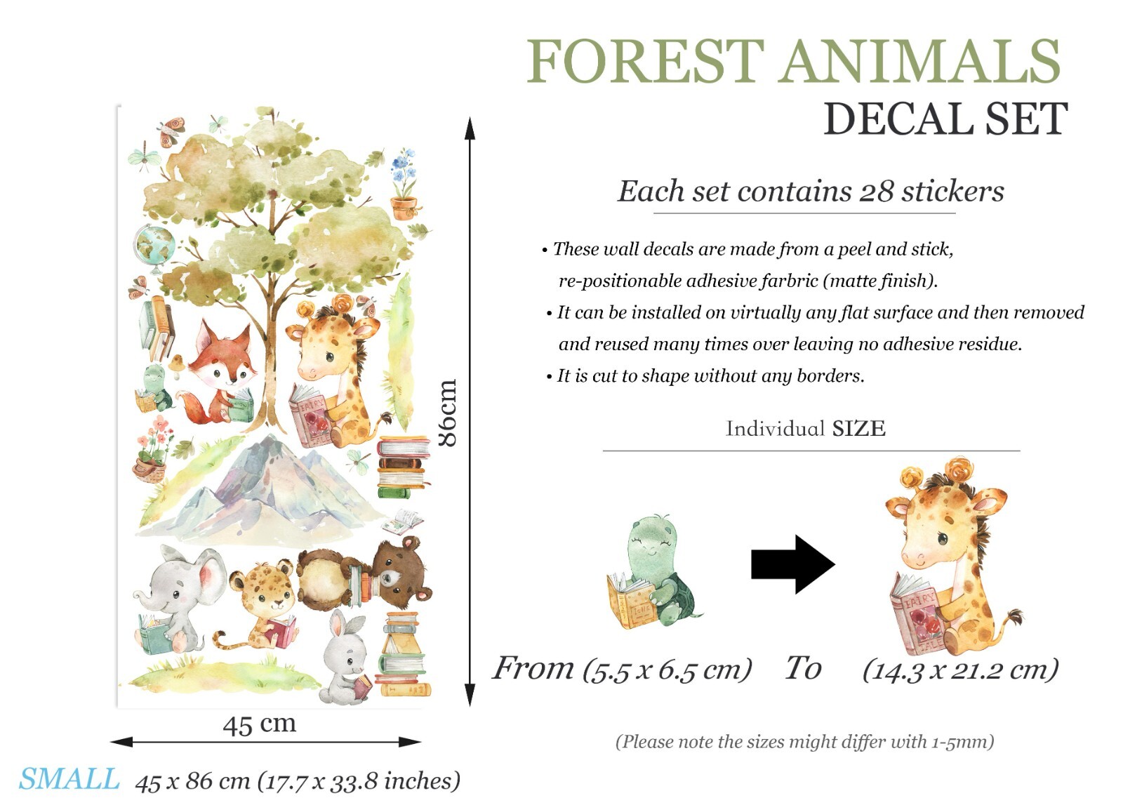 Baby Safari Animals reading and learning giraffe fox Jungle Wall Decal Sticker