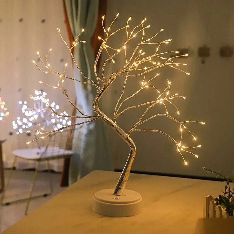 LED Table Lamp Tree Copper Wire USB/AA Battery Powered Bedroom Study Decorative
