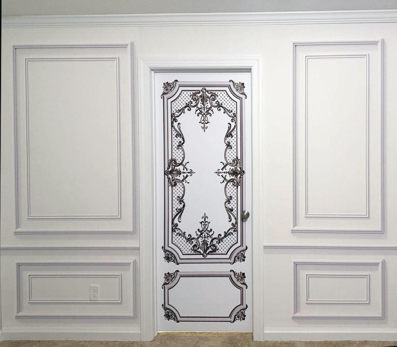Classic Door Wrap Mural | White with Gold Curves | Single Piece, Self-adhesive